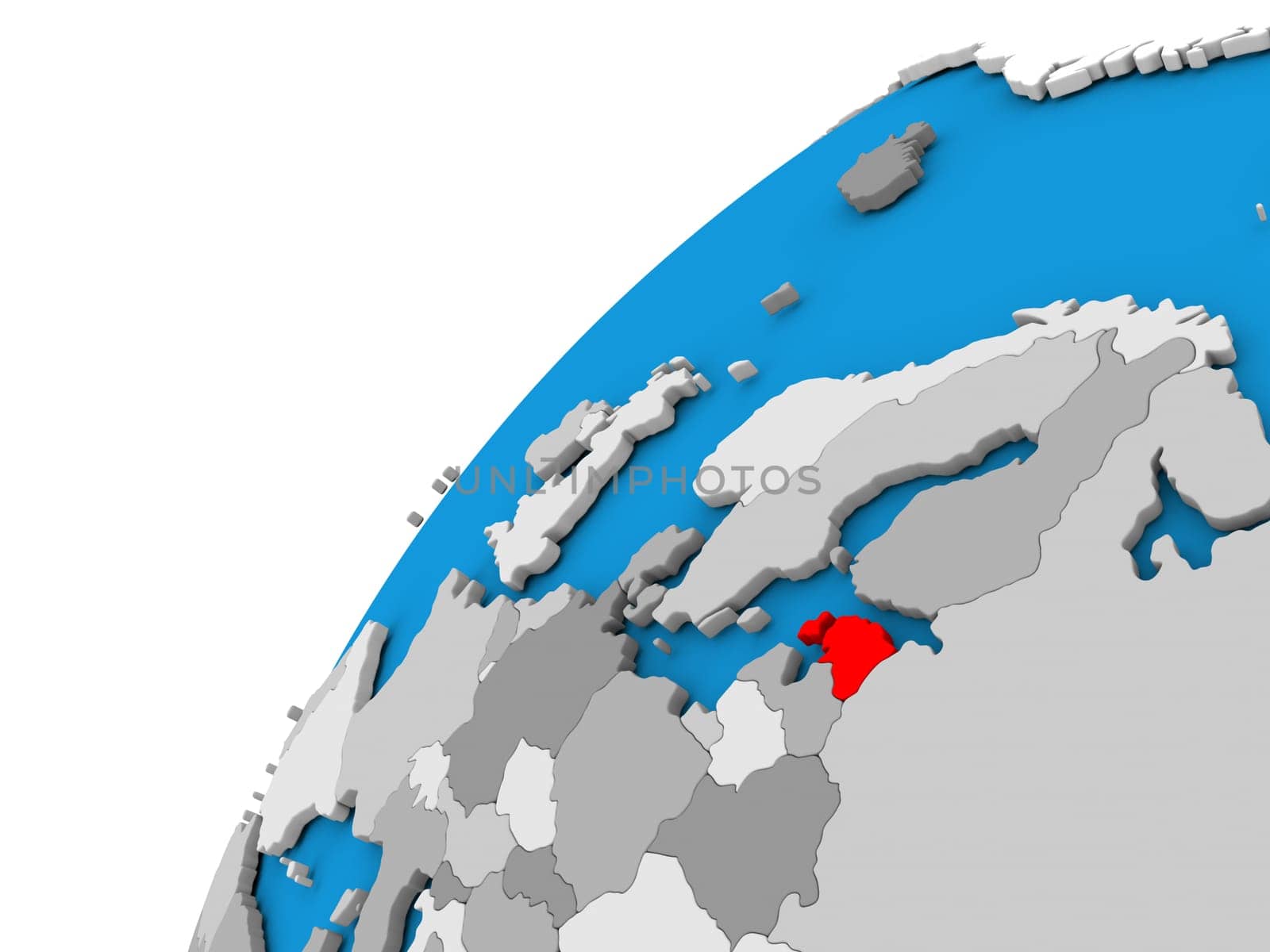 Estonia highlighted in red on globe with visible country borders. 3D illustration