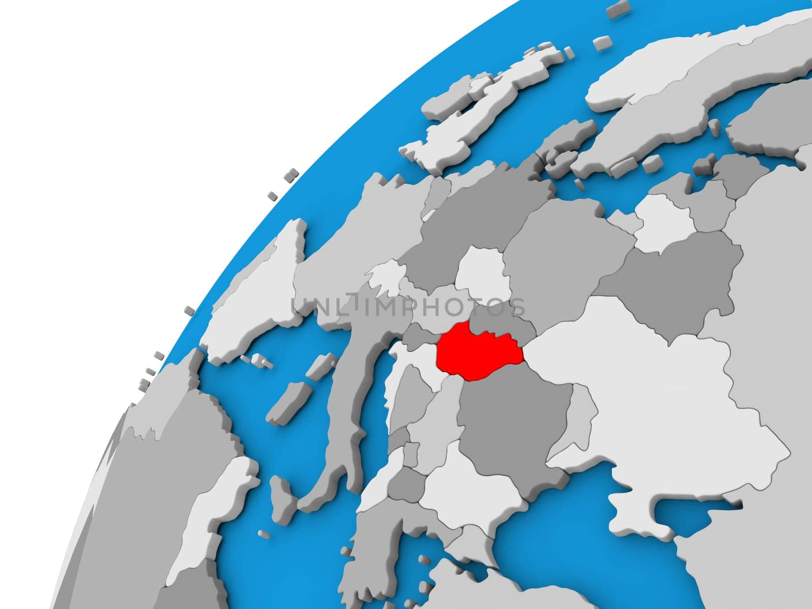 Hungary highlighted in red on globe with visible country borders. 3D illustration