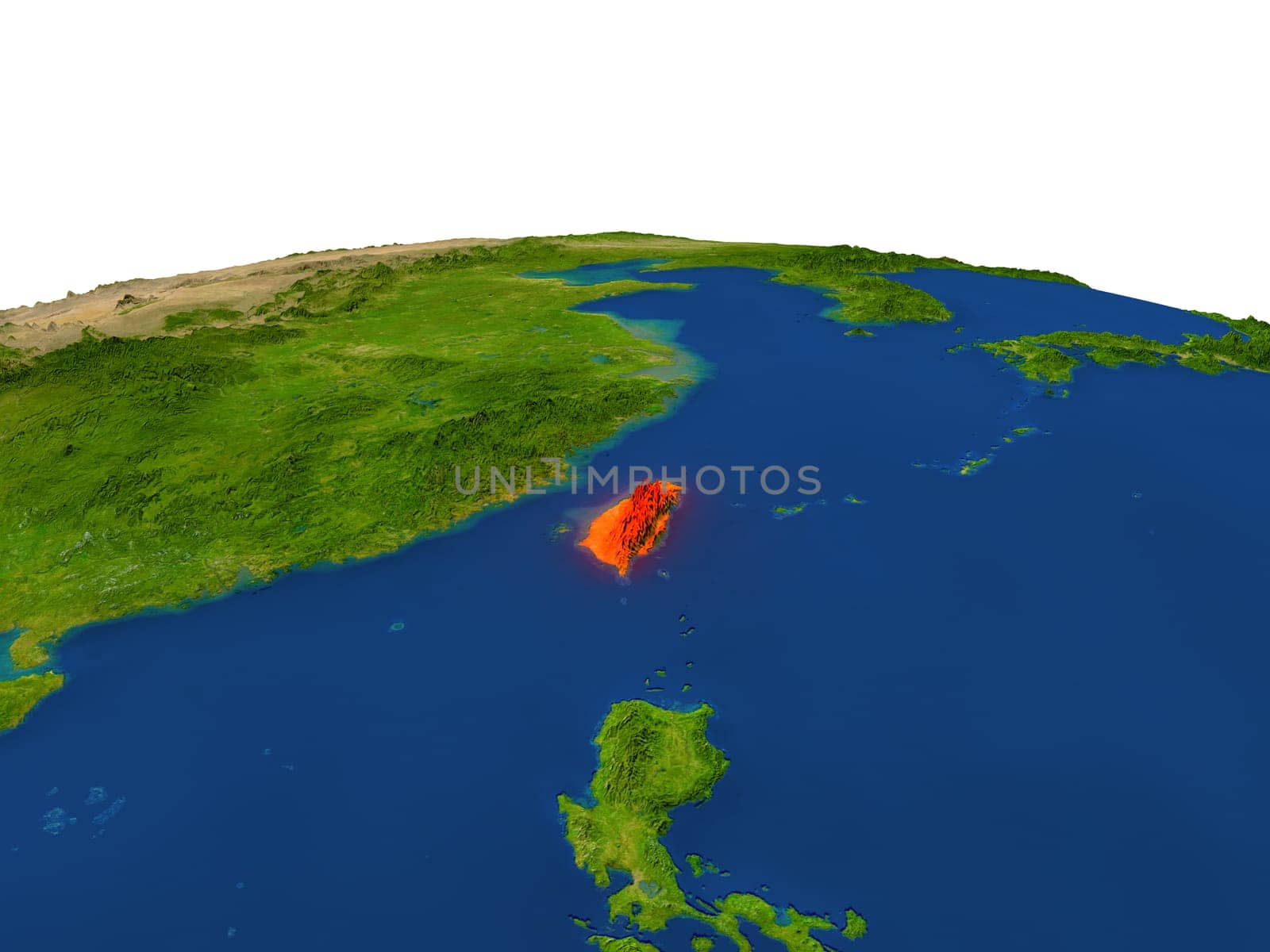 Taiwan from Earth's orbit in space highlighted in red color. 3D illustration with highly detailed realistic planet surface. Elements of this image furnished by NASA.