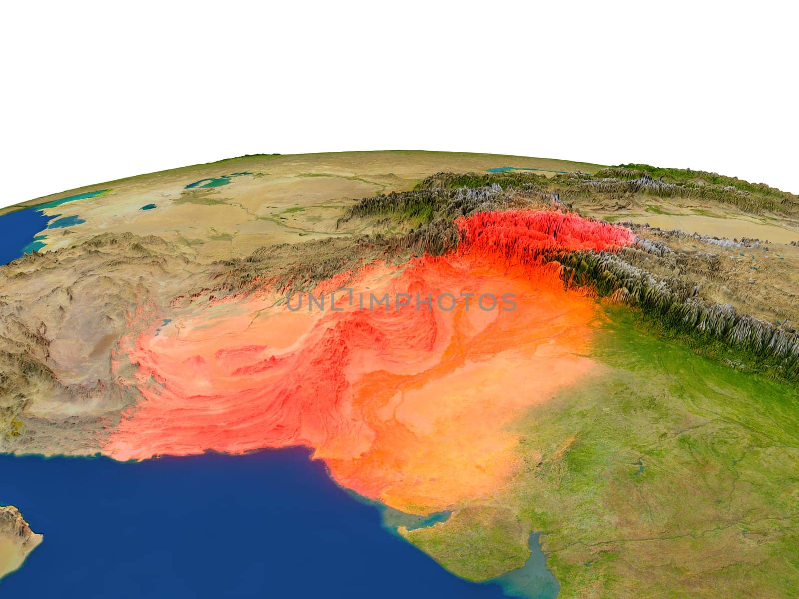 Pakistan from Earth's orbit in space highlighted in red color. 3D illustration with highly detailed realistic planet surface. Elements of this image furnished by NASA.