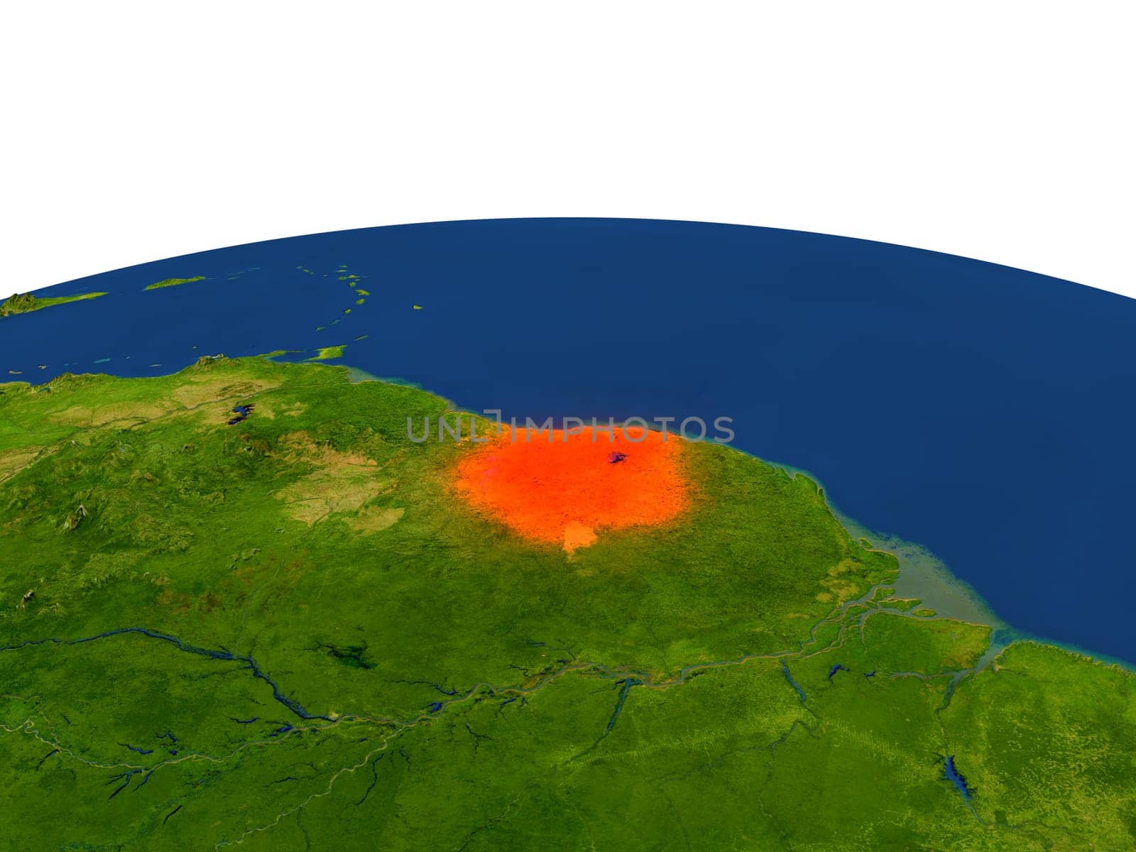 Suriname from Earth's orbit in space highlighted in red color. 3D illustration with highly detailed realistic planet surface. Elements of this image furnished by NASA.