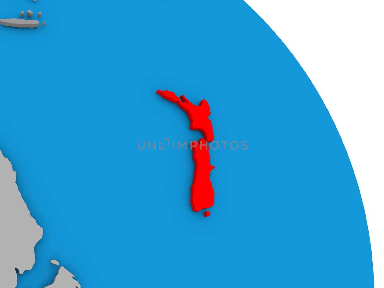 New Zealand highlighted in red on simple globe with visible country borders. 3D illustration