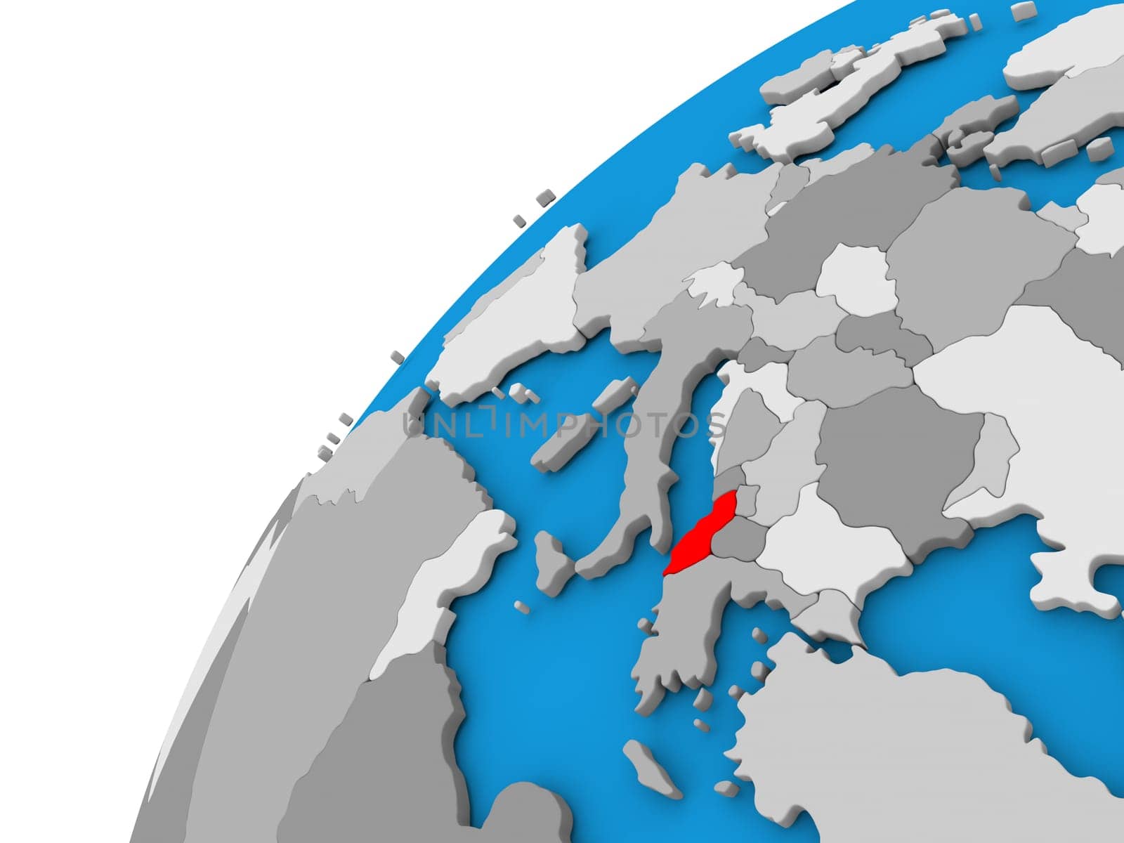 Albania highlighted in red on globe with visible country borders. 3D illustration