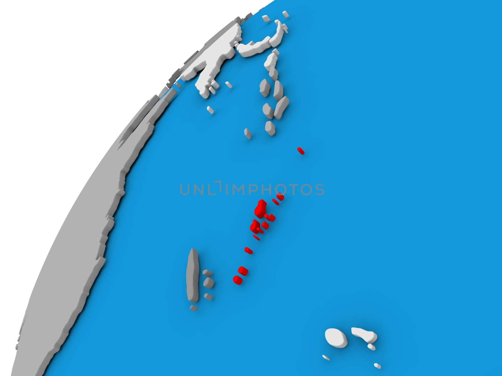 Vanuatu highlighted in red on globe with visible country borders. 3D illustration