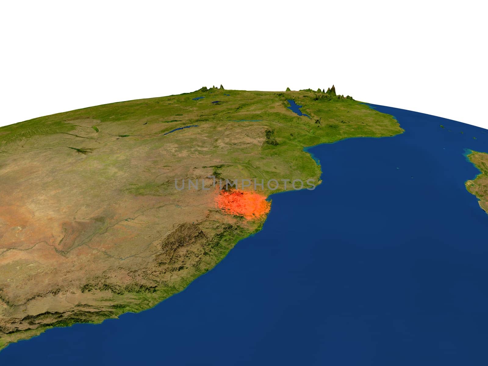 Swaziland from Earth's orbit in space highlighted in red color. 3D illustration with highly detailed realistic planet surface. Elements of this image furnished by NASA.