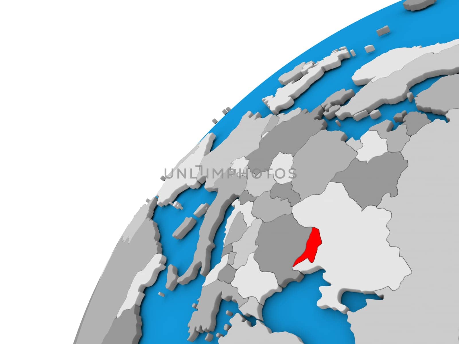 Moldova highlighted in red on globe with visible country borders. 3D illustration