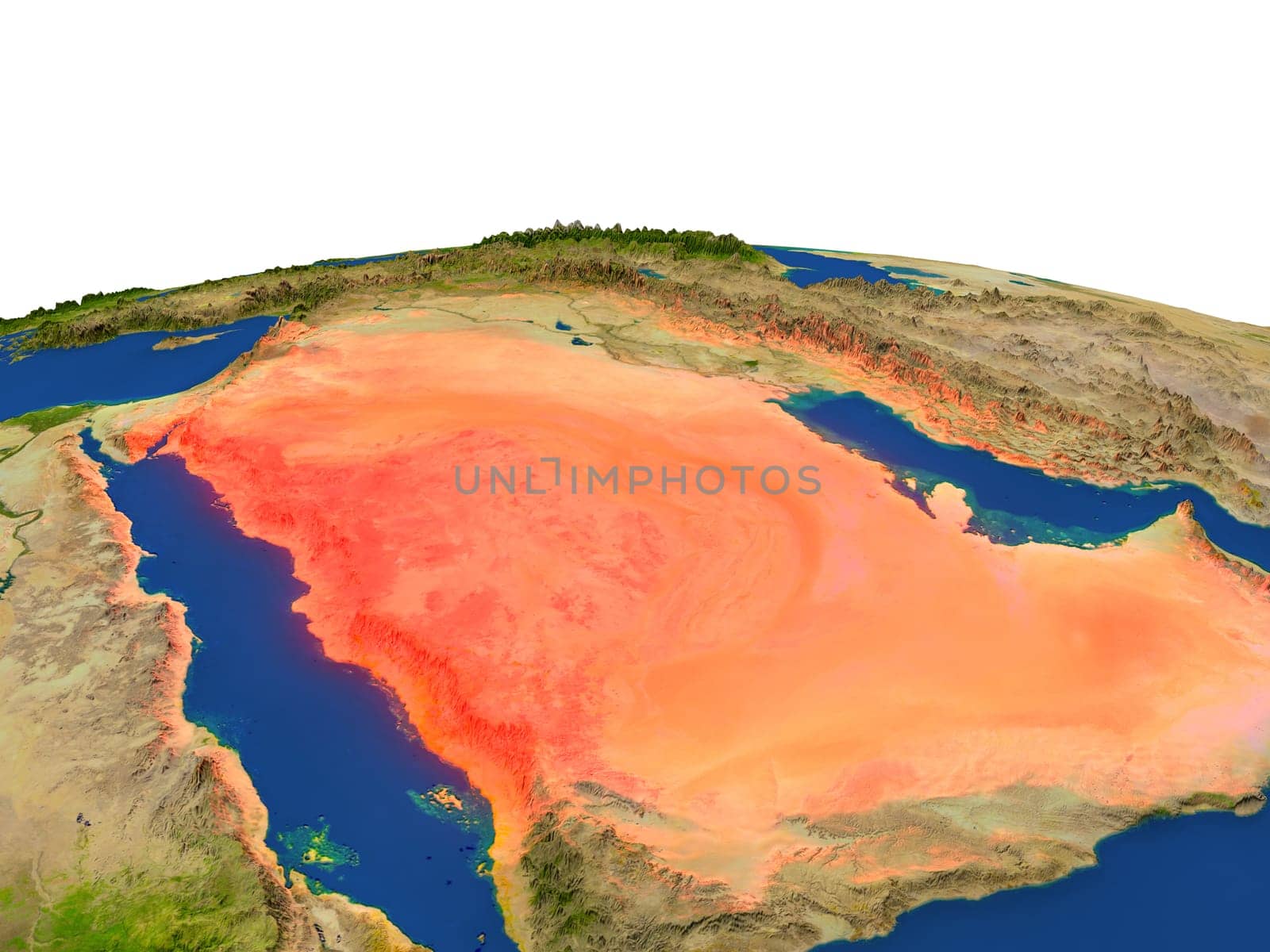 Saudi Arabia from Earth's orbit in space highlighted in red color. 3D illustration with highly detailed realistic planet surface. Elements of this image furnished by NASA.