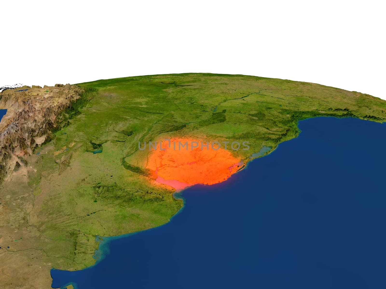 Uruguay from Earth's orbit in space highlighted in red color. 3D illustration with highly detailed realistic planet surface. Elements of this image furnished by NASA.