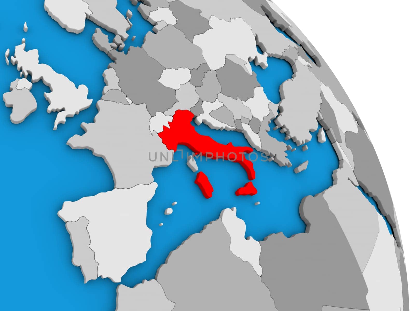 Italy highlighted in red on simple globe with visible country borders. 3D illustration