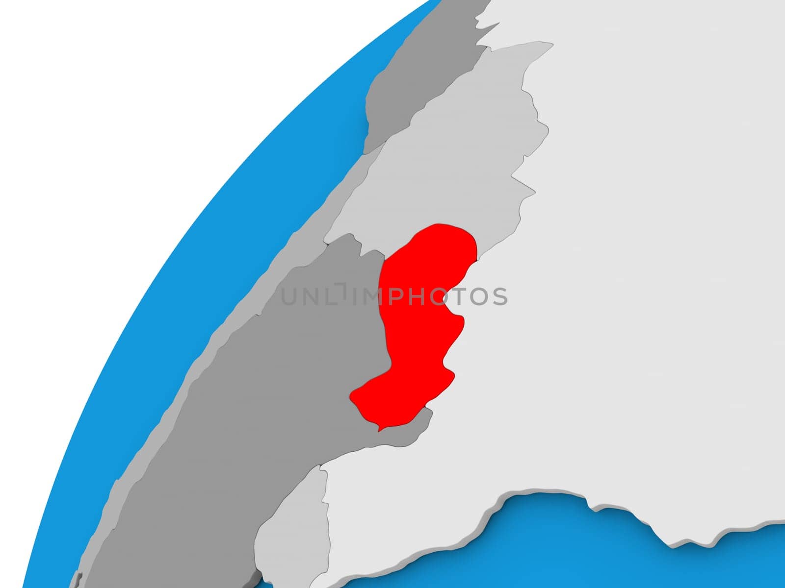 Paraguay highlighted in red on globe with visible country borders. 3D illustration