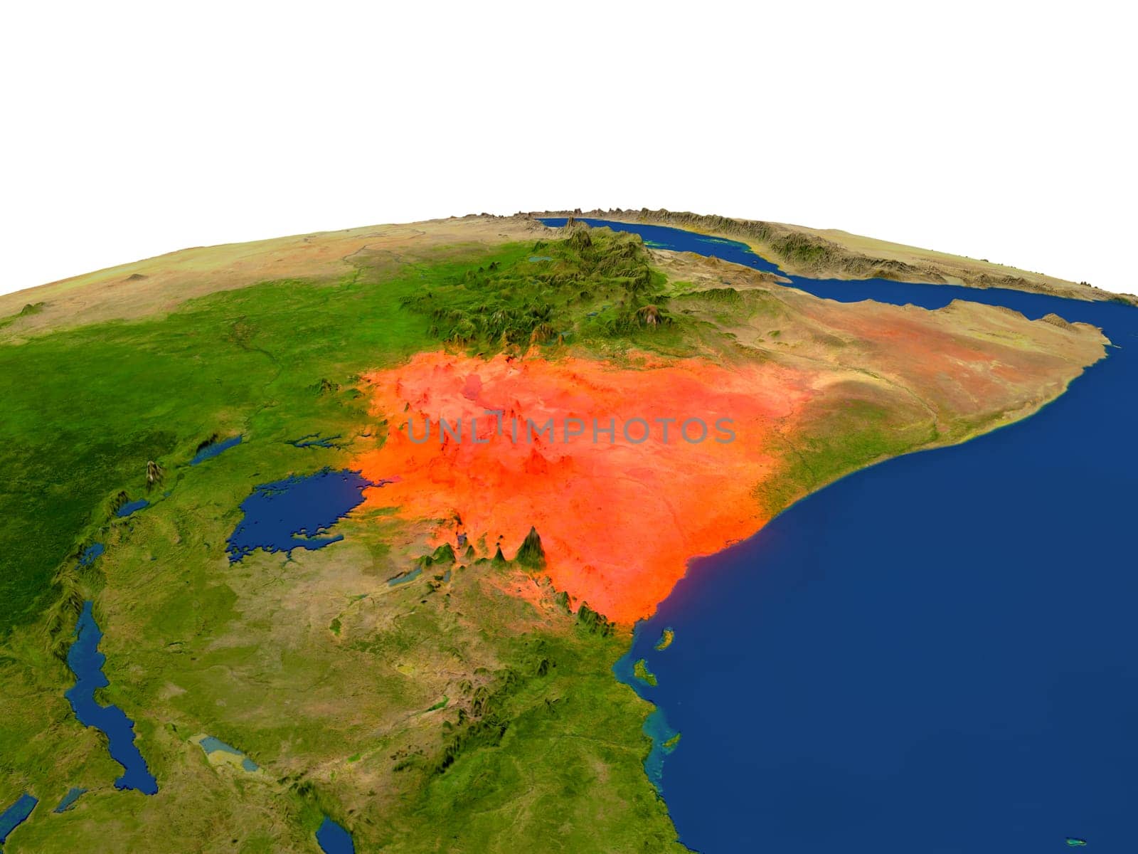 Kenya from Earth's orbit in space highlighted in red color. 3D illustration with highly detailed realistic planet surface. Elements of this image furnished by NASA.
