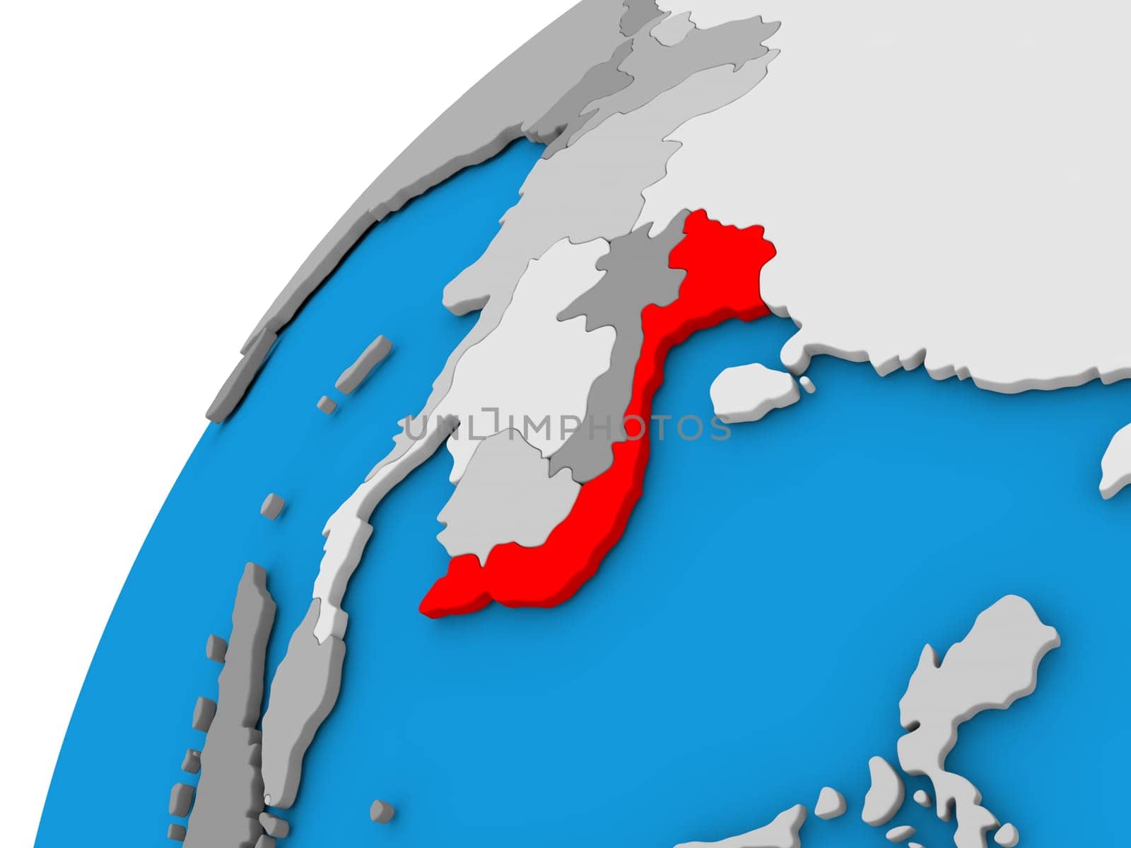 Vietnam highlighted in red on globe with visible country borders. 3D illustration