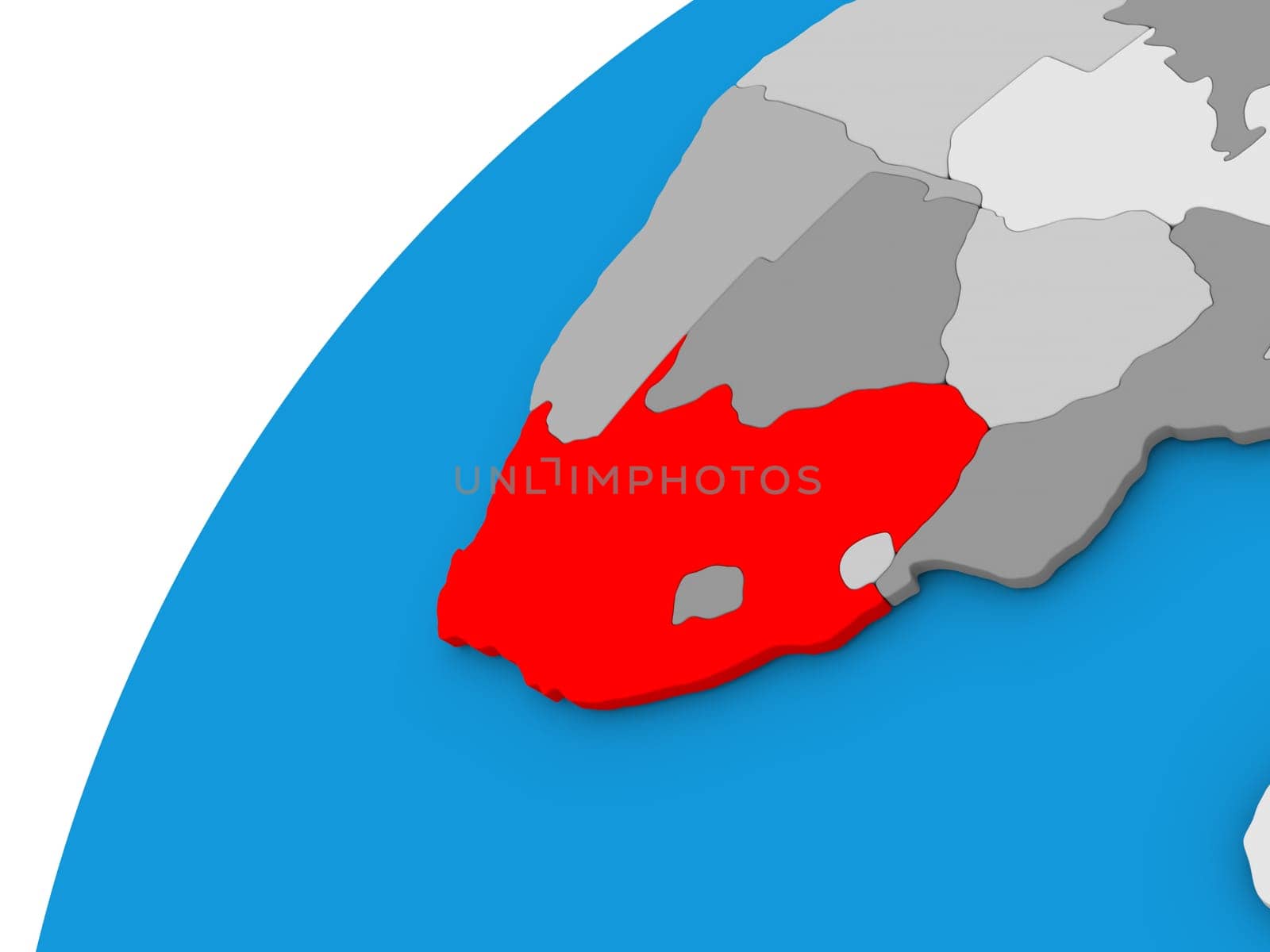South Africa highlighted in red on globe with visible country borders. 3D illustration