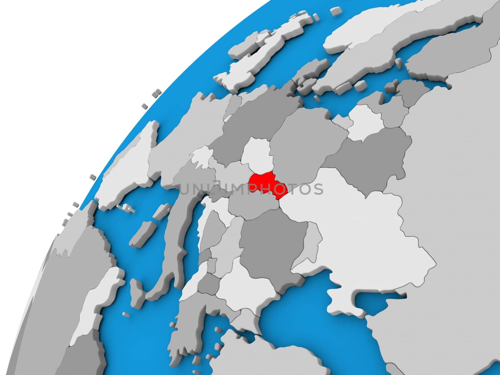 Slovakia highlighted in red on globe with visible country borders. 3D illustration