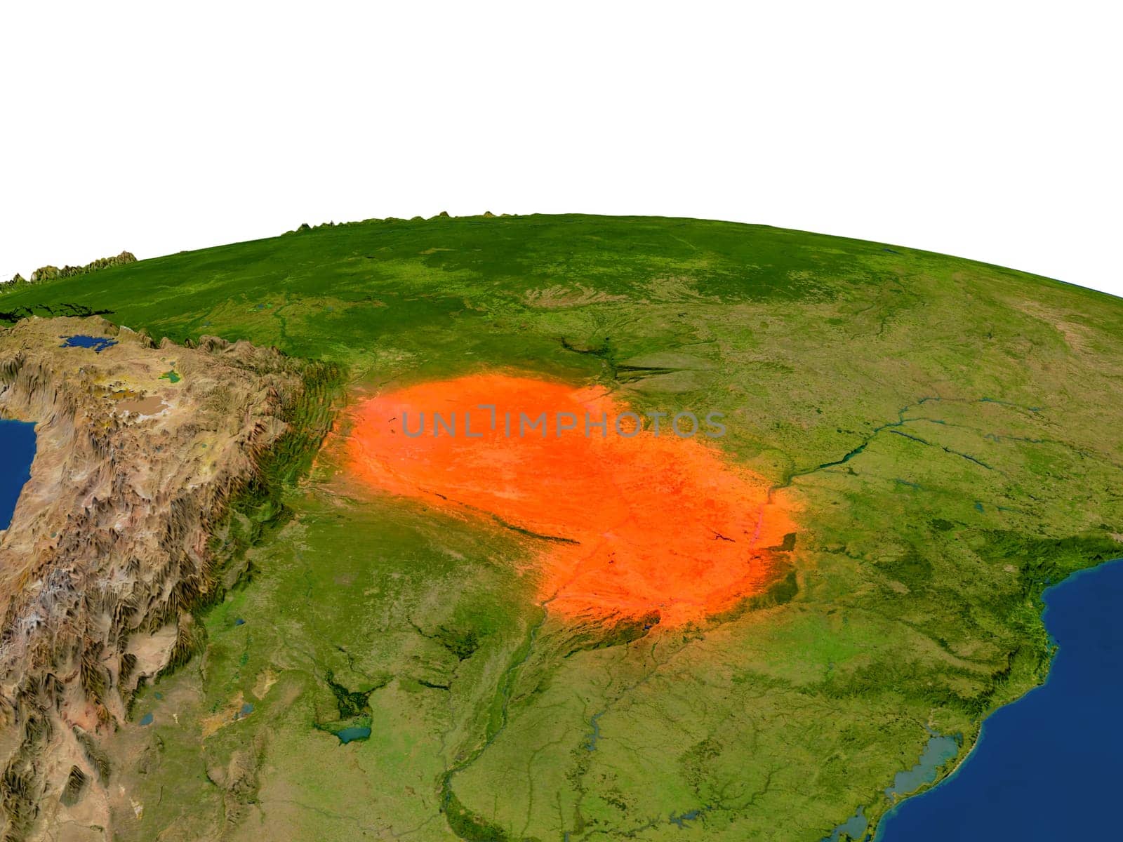 Paraguay from Earth's orbit in space highlighted in red color. 3D illustration with highly detailed realistic planet surface. Elements of this image furnished by NASA.