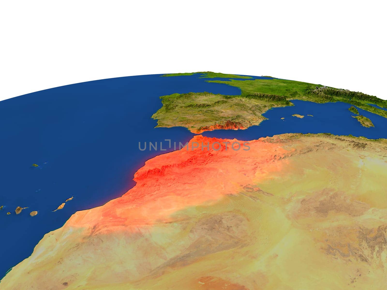 Morocco from Earth's orbit in space highlighted in red color. 3D illustration with highly detailed realistic planet surface. Elements of this image furnished by NASA.