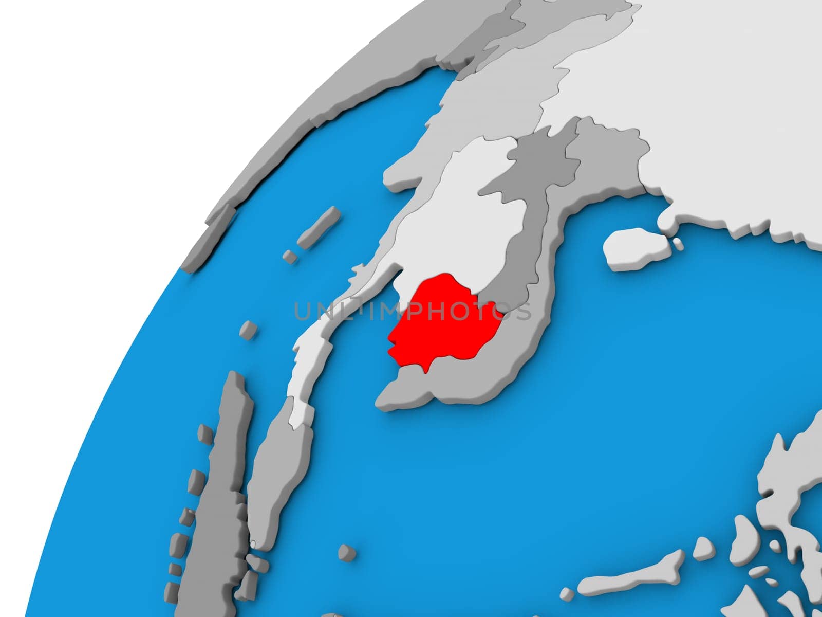 Cambodia highlighted in red on globe with visible country borders. 3D illustration