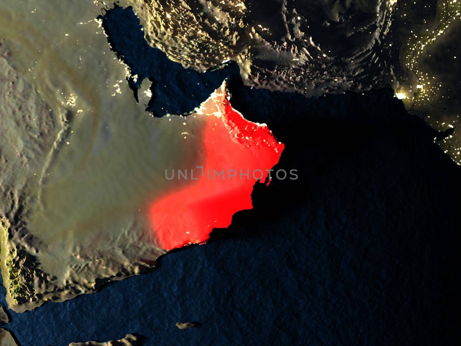 Oman in red at night as seen from Earth's orbit in space. 3D illustration with highly detailed realistic planet surface. Elements of this image furnished by NASA.