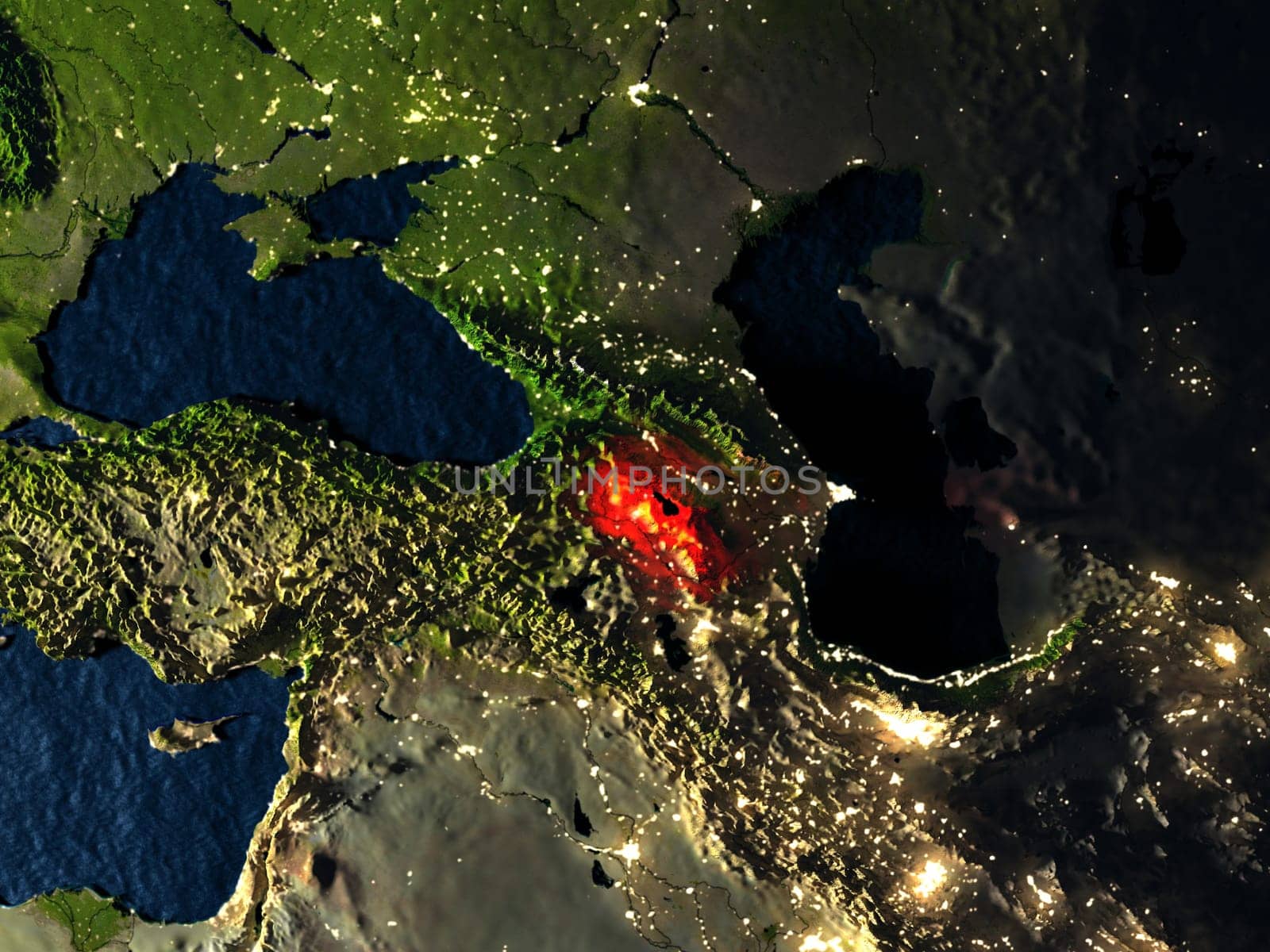 Armenia in red at night as seen from Earth's orbit in space. 3D illustration with highly detailed realistic planet surface. Elements of this image furnished by NASA.