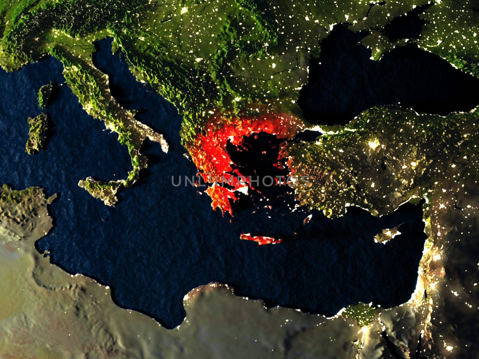 Greece in red at night as seen from Earth's orbit in space. 3D illustration with highly detailed realistic planet surface. Elements of this image furnished by NASA.