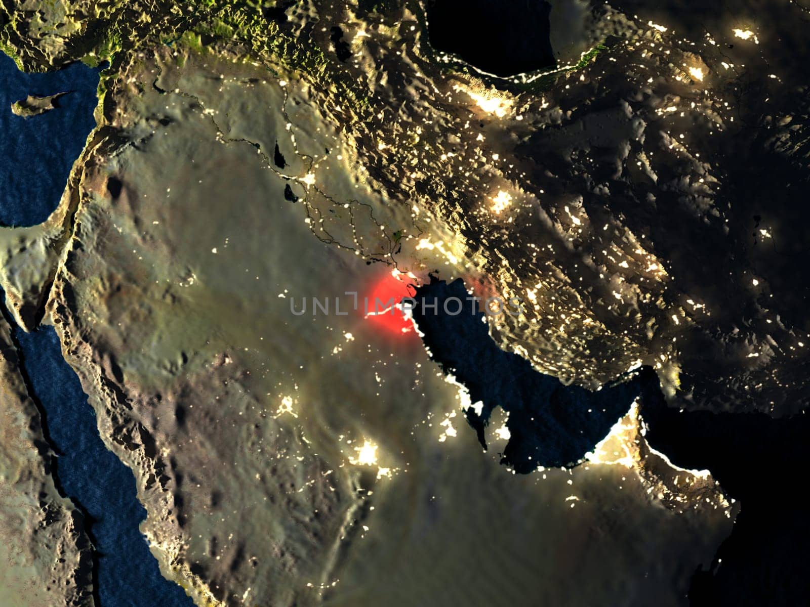 Kuwait in red at night as seen from Earth's orbit in space. 3D illustration with highly detailed realistic planet surface. Elements of this image furnished by NASA.