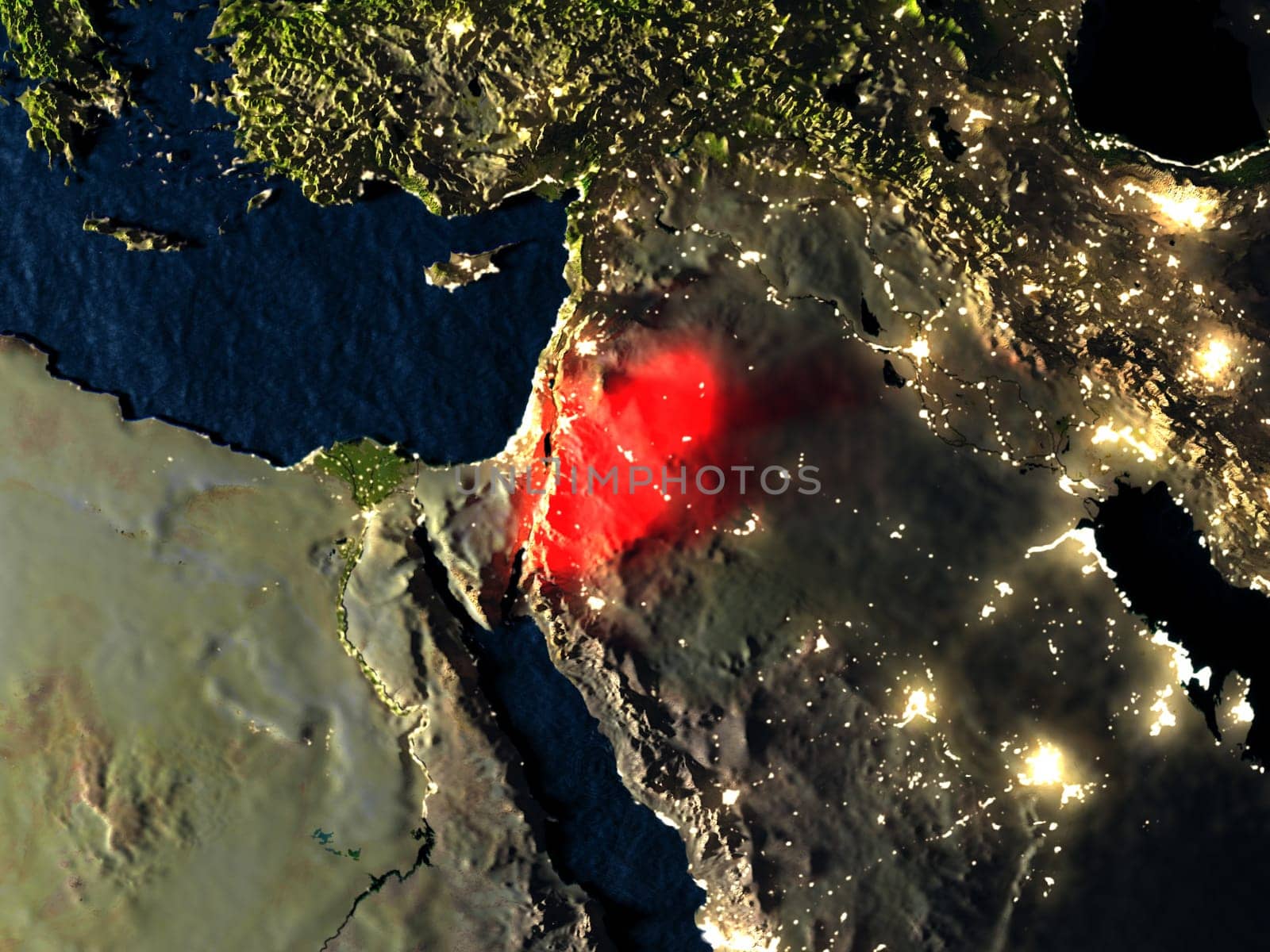 Jordan in red at night as seen from Earth's orbit in space. 3D illustration with highly detailed realistic planet surface. Elements of this image furnished by NASA.