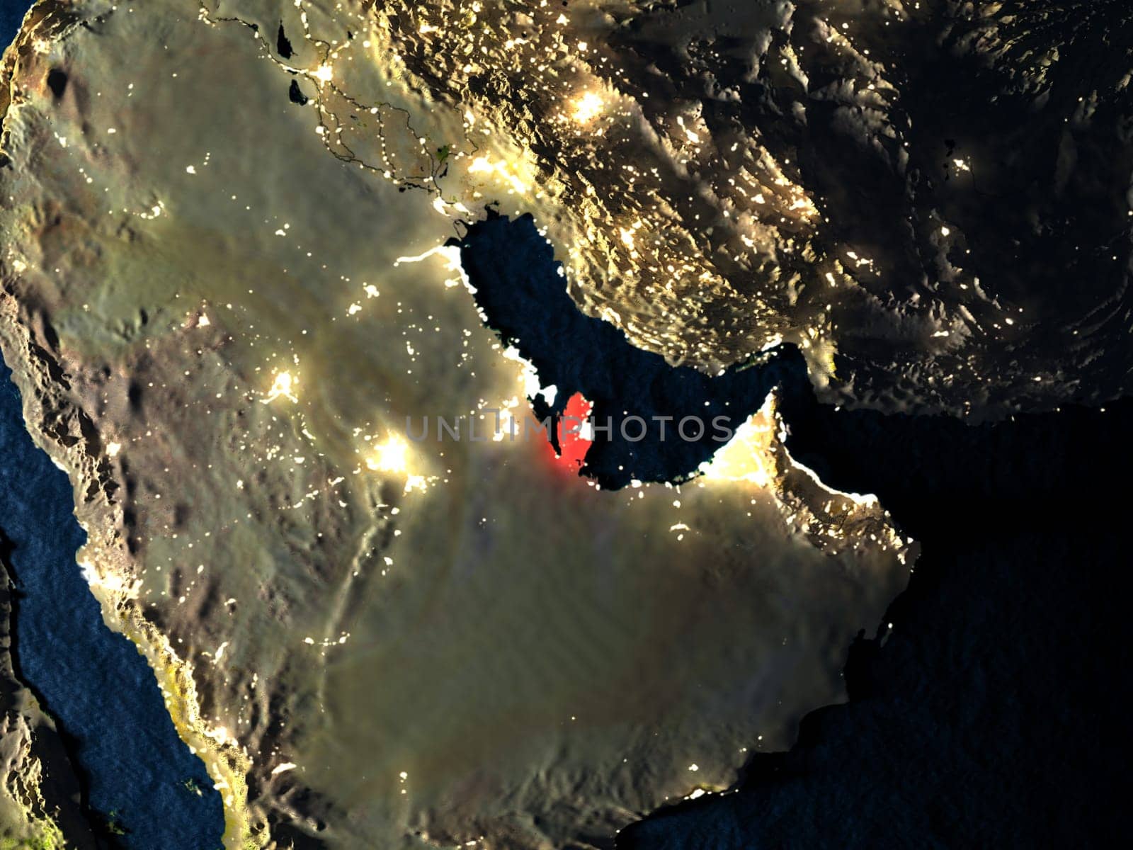 Qatar in red at night as seen from Earth's orbit in space. 3D illustration with highly detailed realistic planet surface. Elements of this image furnished by NASA.