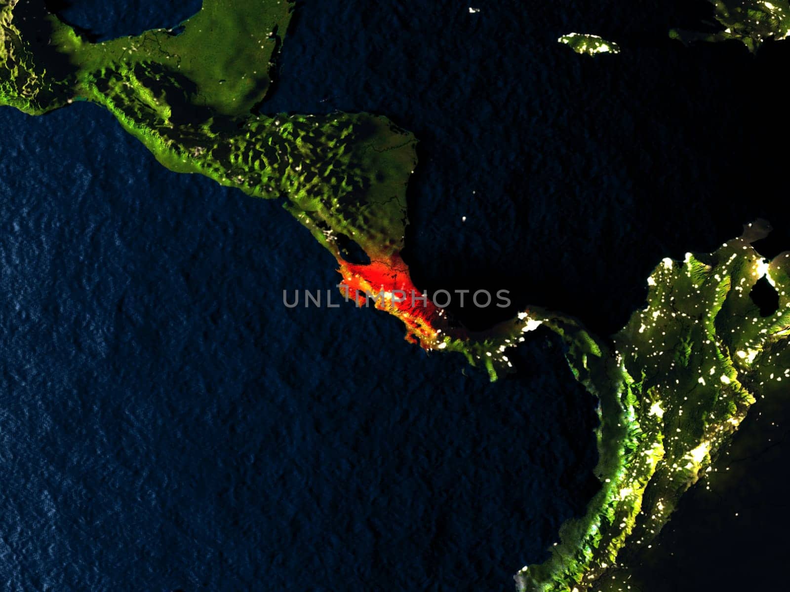 Costa Rica in red at night as seen from Earth's orbit in space. 3D illustration with highly detailed realistic planet surface. Elements of this image furnished by NASA.