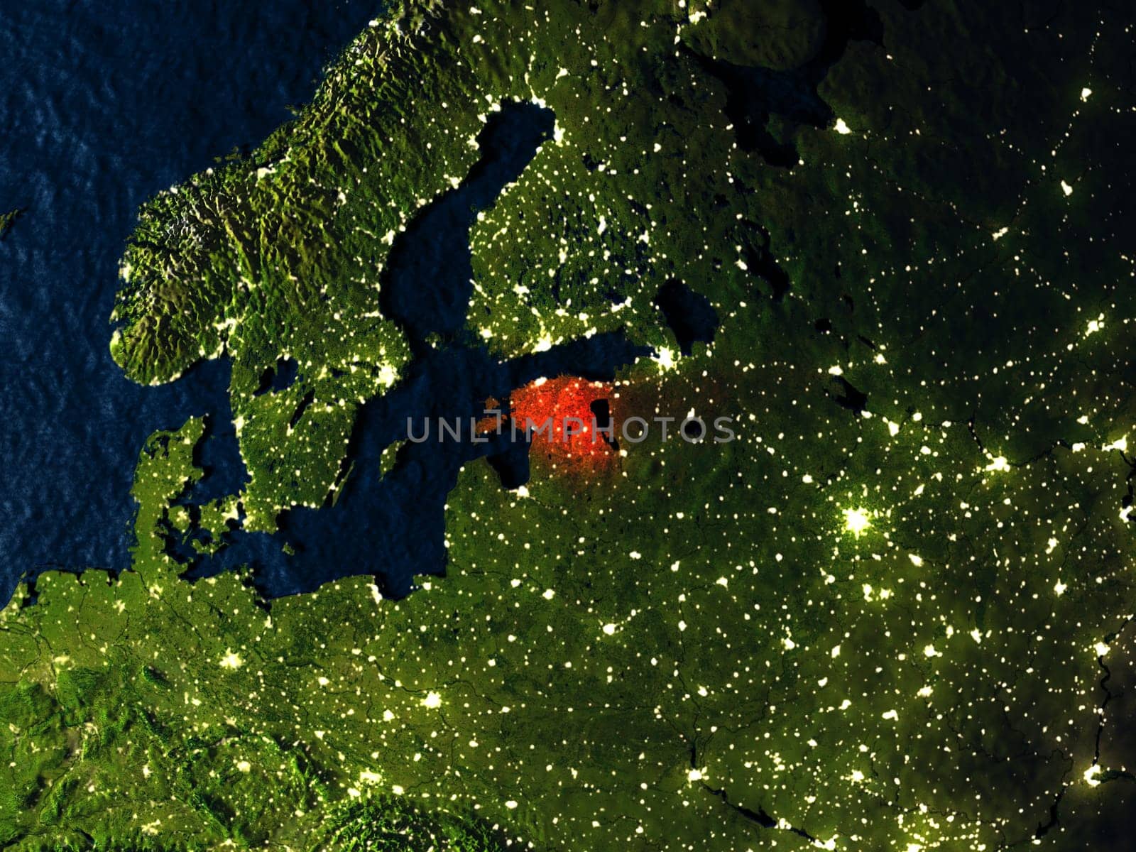Estonia in red at night as seen from Earth's orbit in space. 3D illustration with highly detailed realistic planet surface. Elements of this image furnished by NASA.