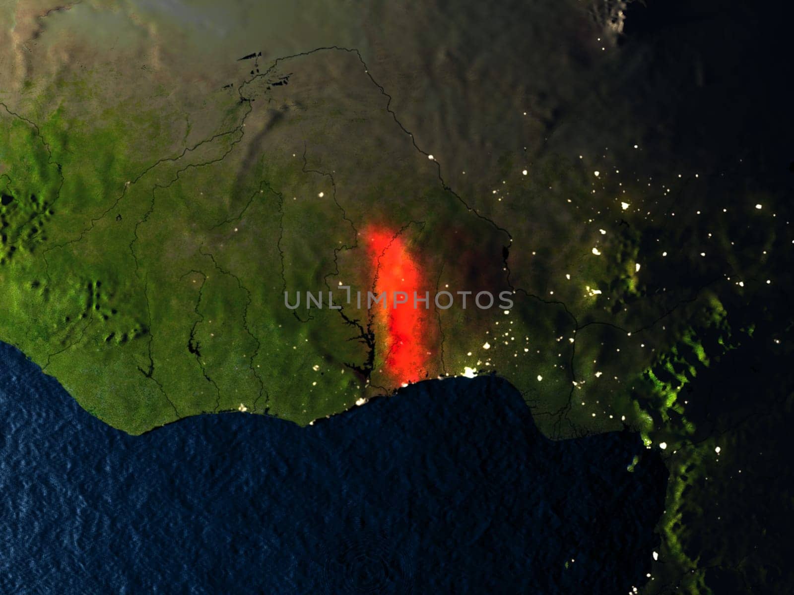 Togo in red at night as seen from Earth's orbit in space. 3D illustration with highly detailed realistic planet surface. Elements of this image furnished by NASA.