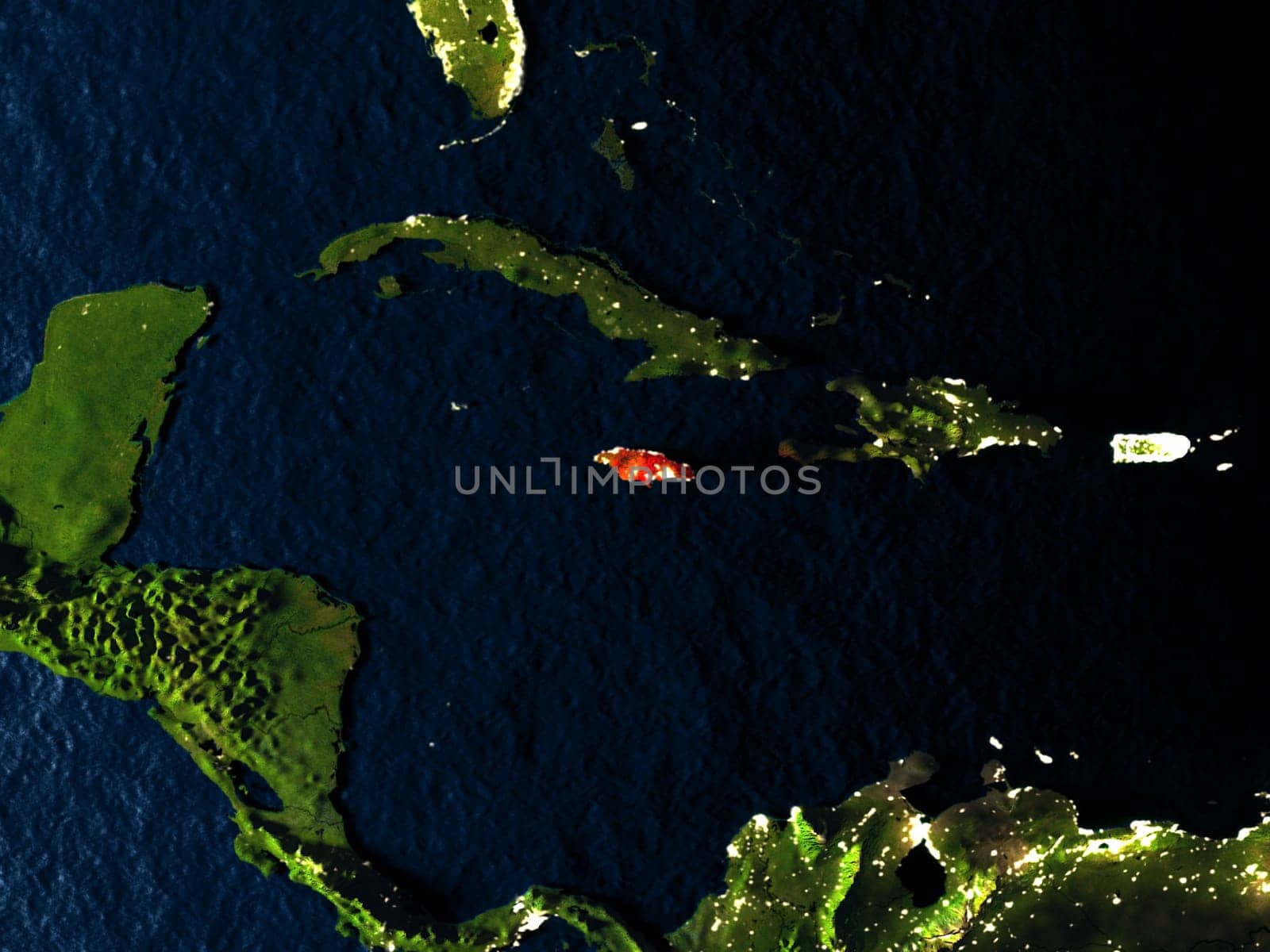 Jamaica in red at night as seen from Earth's orbit in space. 3D illustration with highly detailed realistic planet surface. Elements of this image furnished by NASA.