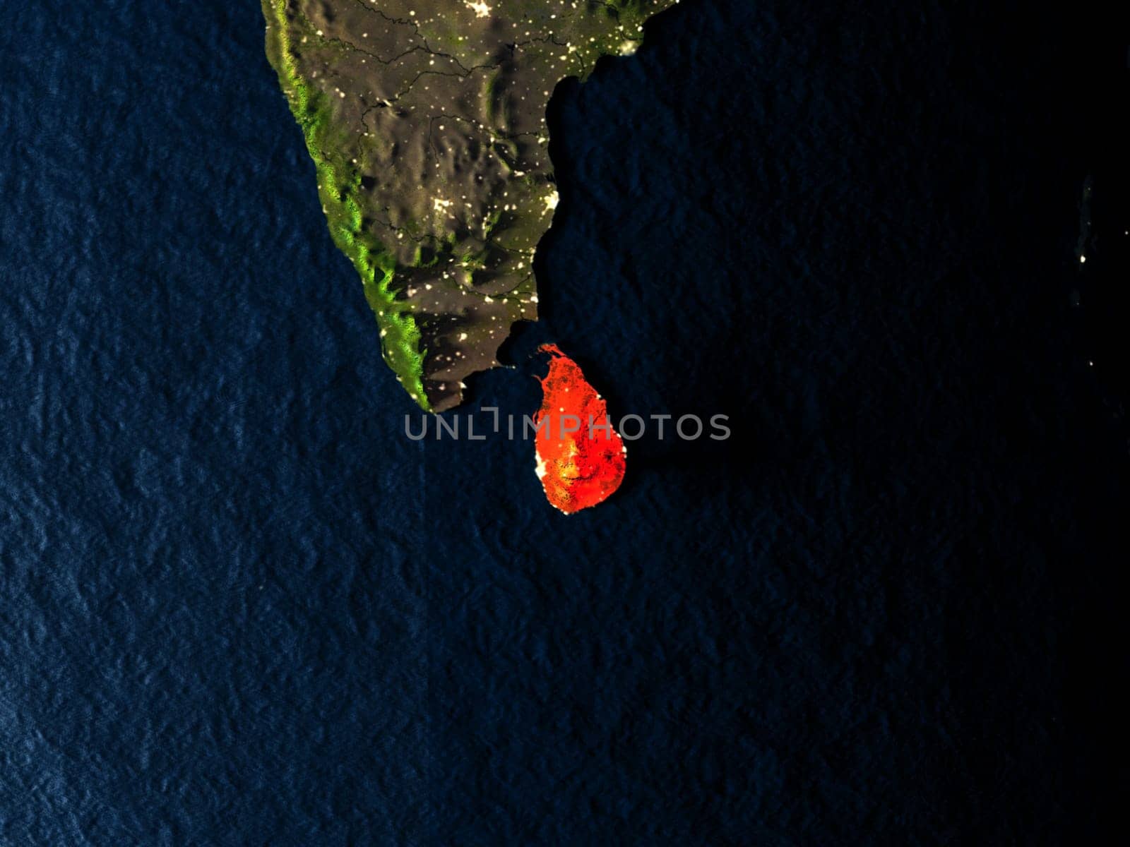 Sri Lanka in red at night as seen from Earth's orbit in space. 3D illustration with highly detailed realistic planet surface. Elements of this image furnished by NASA.