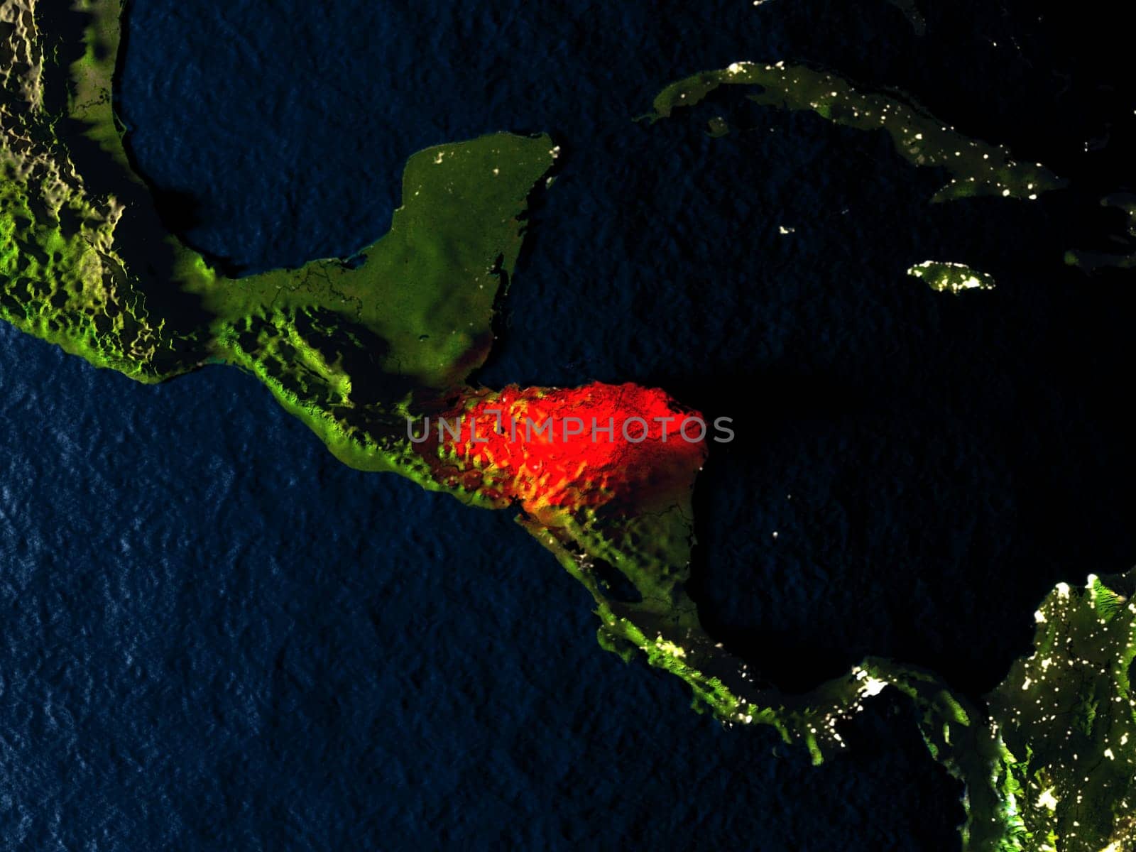 Honduras in red at night as seen from Earth's orbit in space. 3D illustration with highly detailed realistic planet surface. Elements of this image furnished by NASA.