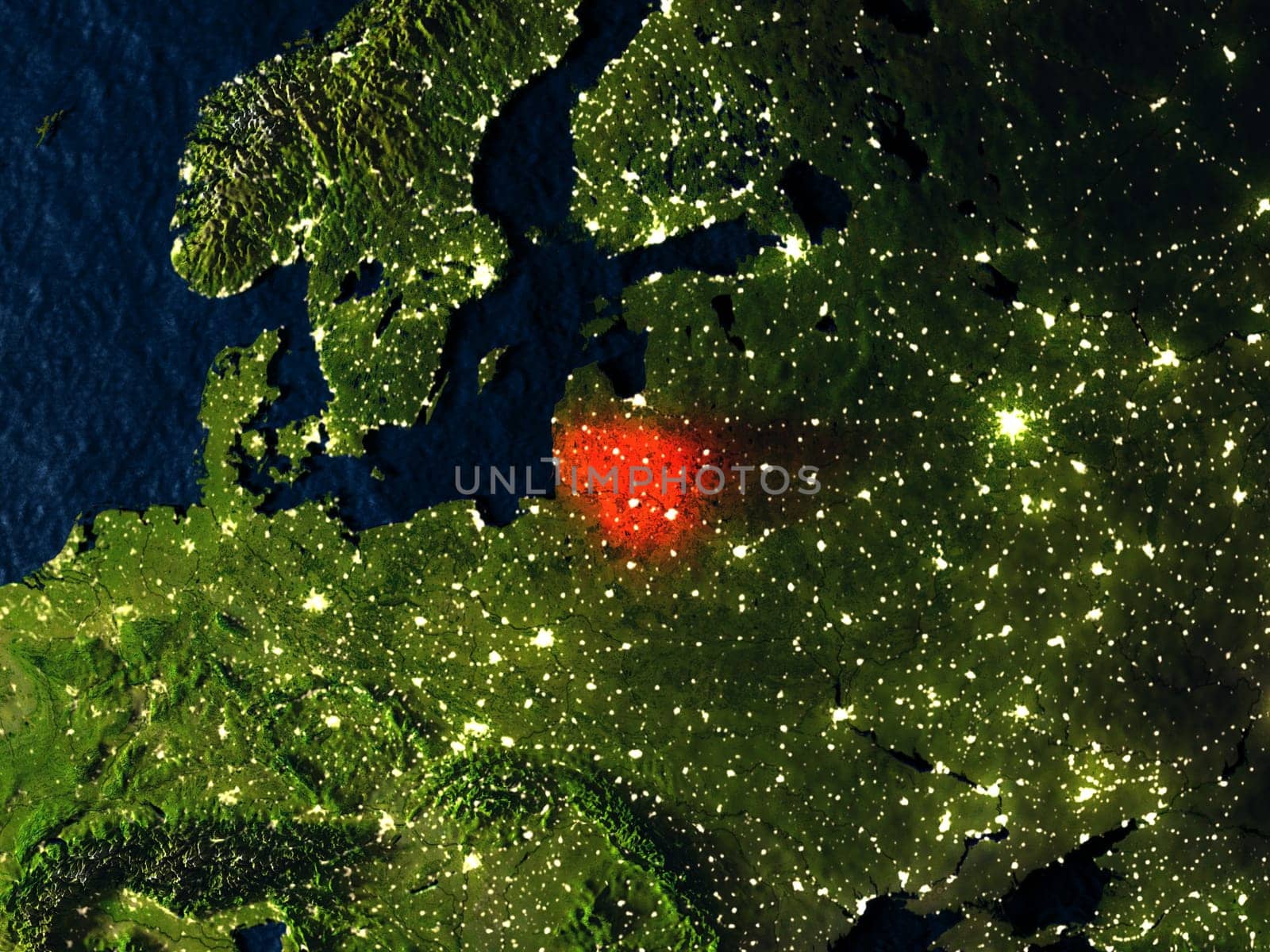 Lithuania in red at night as seen from Earth's orbit in space. 3D illustration with highly detailed realistic planet surface. Elements of this image furnished by NASA.