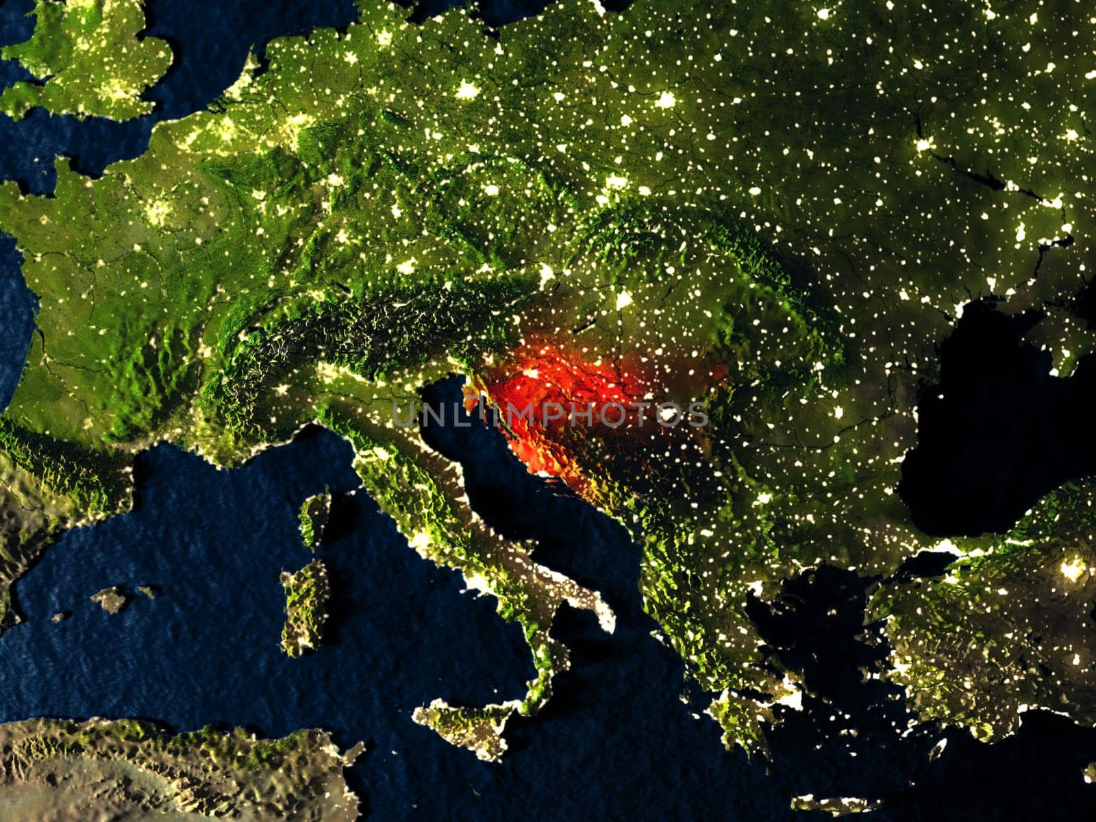 Croatia in red at night as seen from Earth's orbit in space. 3D illustration with highly detailed realistic planet surface. Elements of this image furnished by NASA.