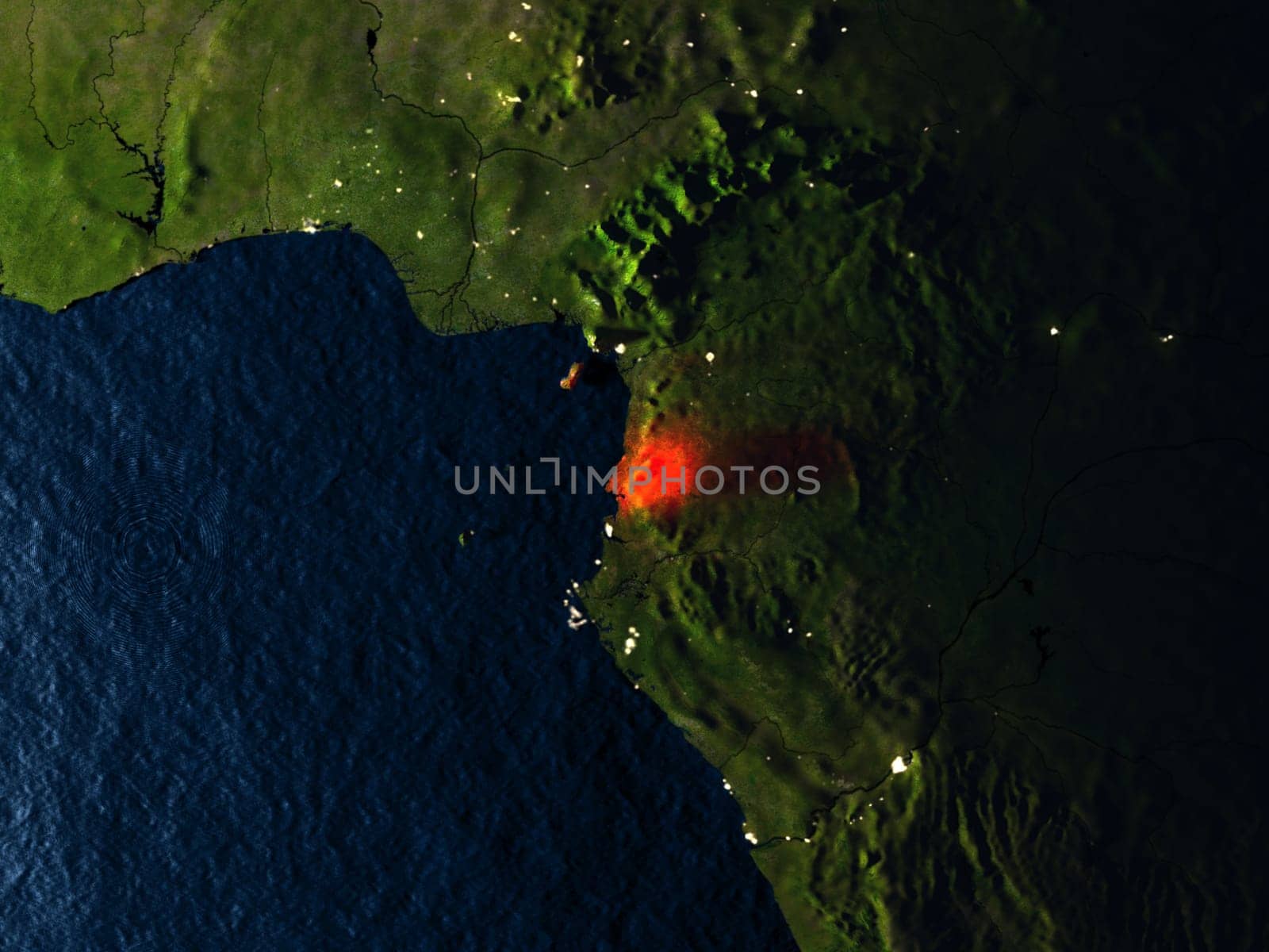 Equatorial Guinea in red at night as seen from Earth's orbit in space. 3D illustration with highly detailed realistic planet surface. Elements of this image furnished by NASA.