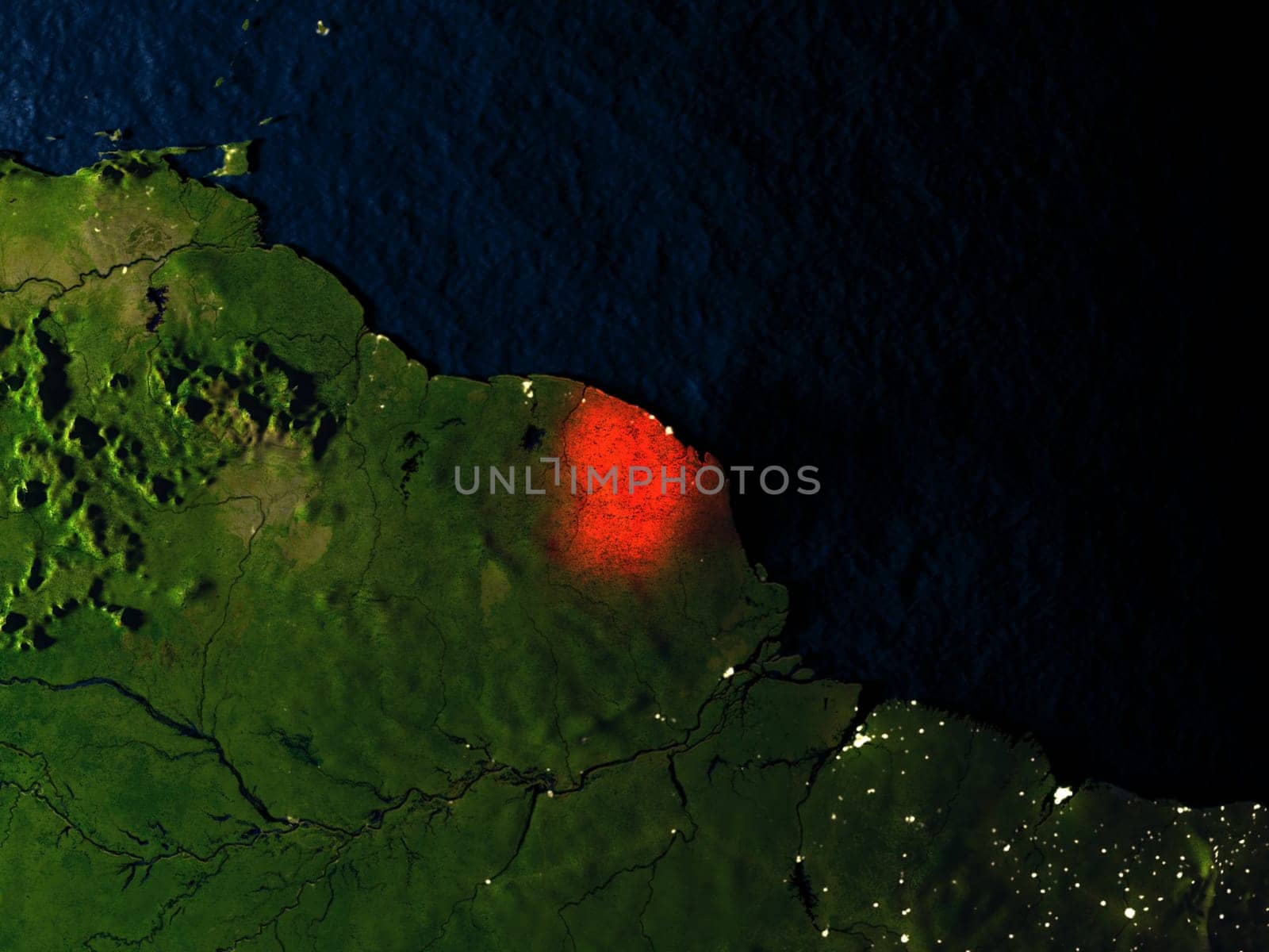 French Guiana in red at night as seen from Earth's orbit in space. 3D illustration with highly detailed realistic planet surface. Elements of this image furnished by NASA.