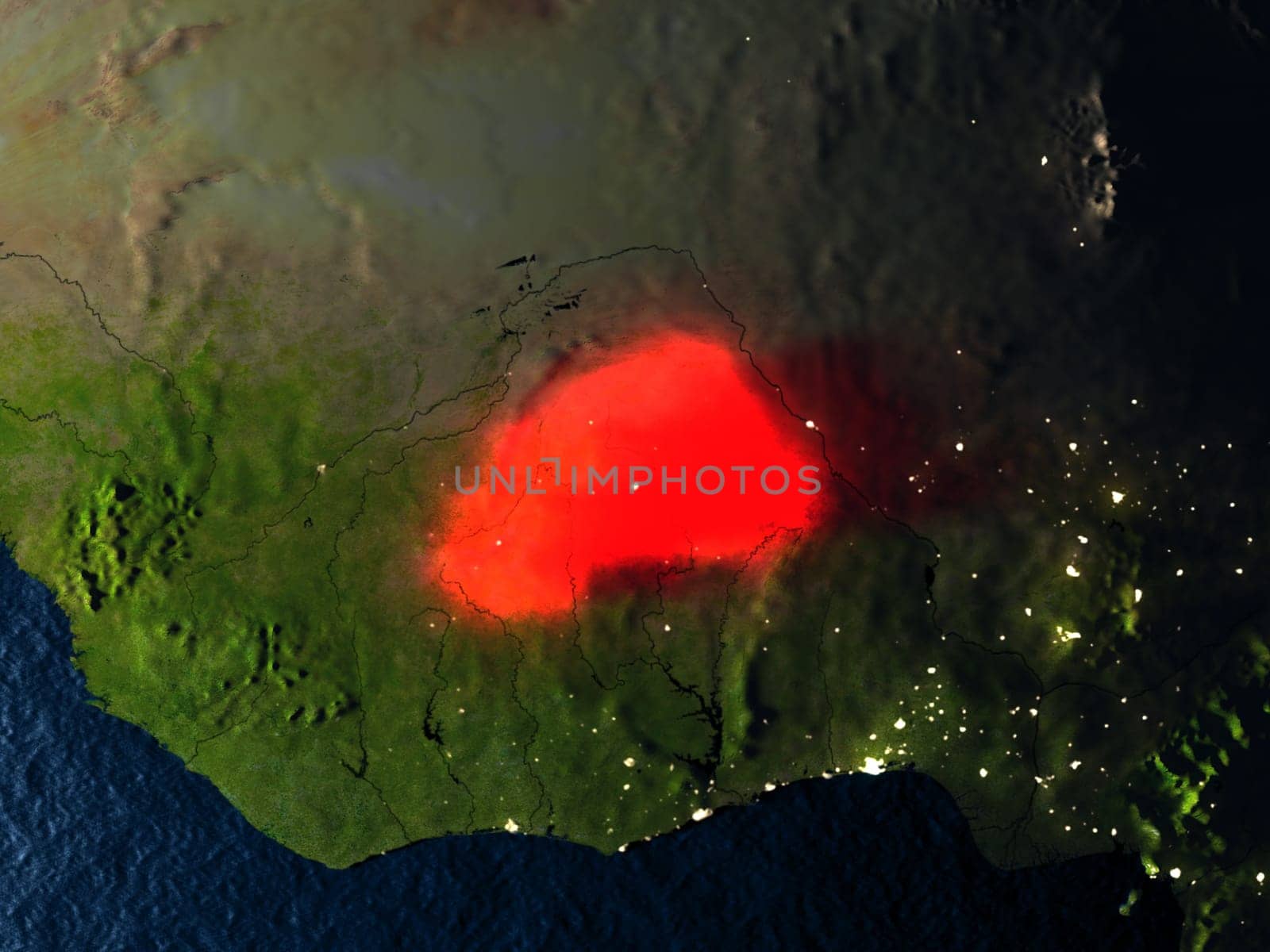 Burkina Faso in red at night as seen from Earth's orbit in space. 3D illustration with highly detailed realistic planet surface. Elements of this image furnished by NASA.