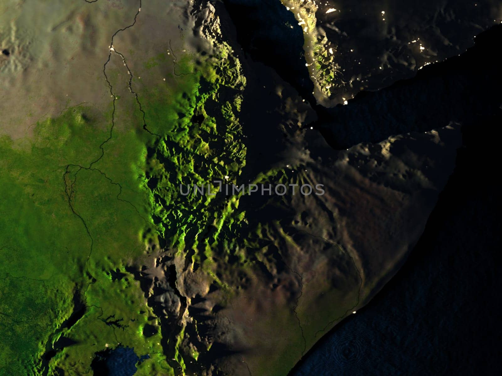 Ethiopia in red at night as seen from Earth's orbit in space. 3D illustration with highly detailed realistic planet surface. Elements of this image furnished by NASA.