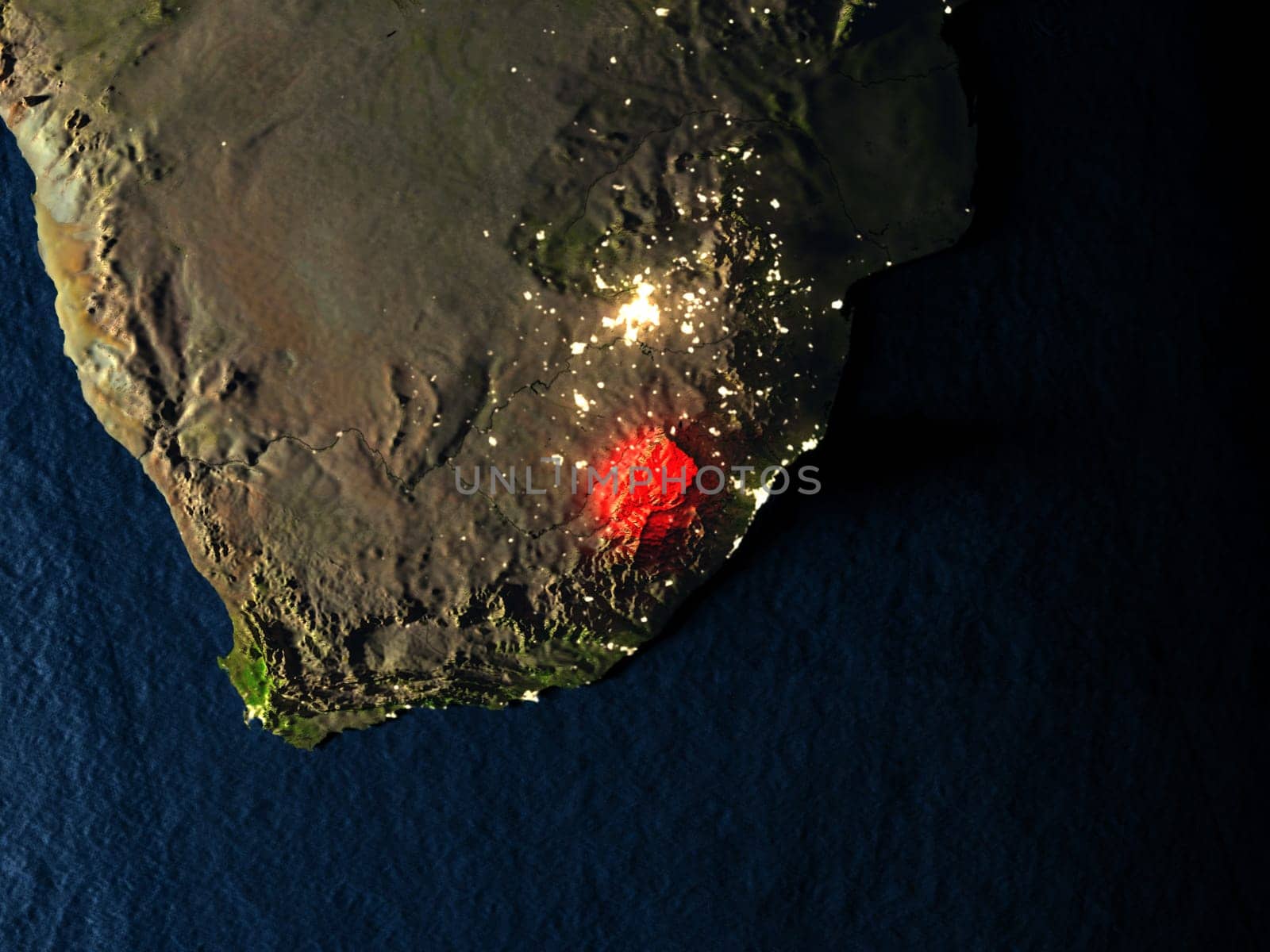 Lesotho in red at night as seen from Earth's orbit in space. 3D illustration with highly detailed realistic planet surface. Elements of this image furnished by NASA.