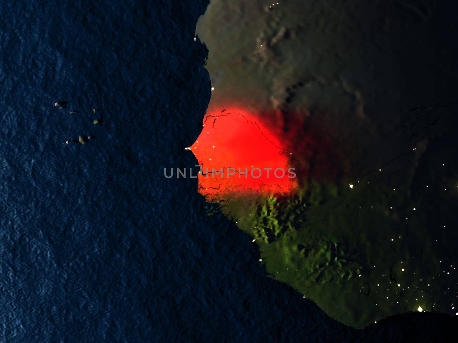 Senegal in red at night as seen from Earth's orbit in space. 3D illustration with highly detailed realistic planet surface. Elements of this image furnished by NASA.
