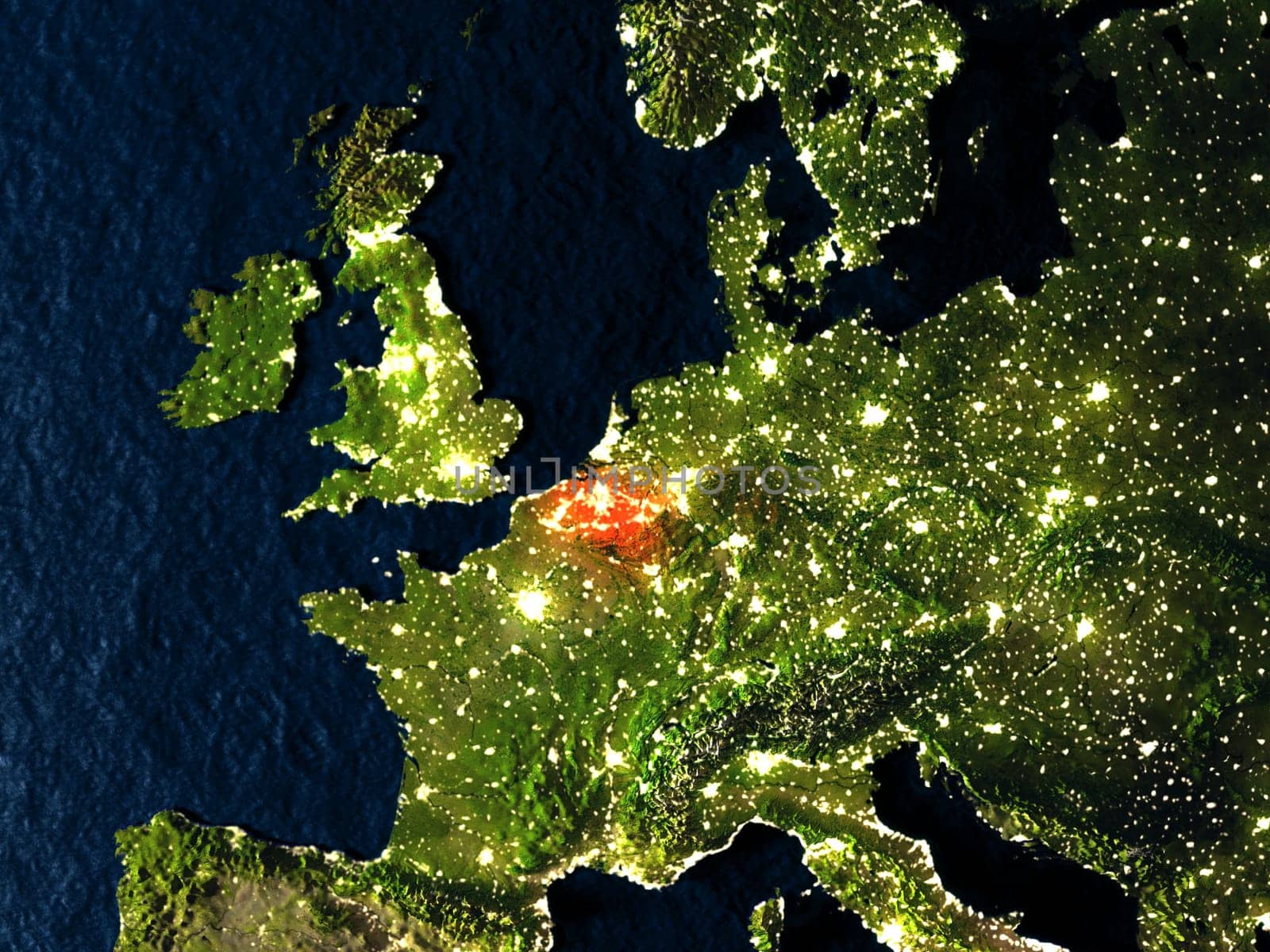 Belgium in red at night as seen from Earth's orbit in space. 3D illustration with highly detailed realistic planet surface. Elements of this image furnished by NASA.