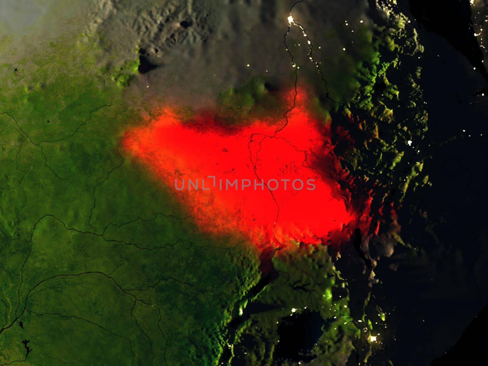 South Sudan in red at night as seen from Earth's orbit in space. 3D illustration with highly detailed realistic planet surface. Elements of this image furnished by NASA.