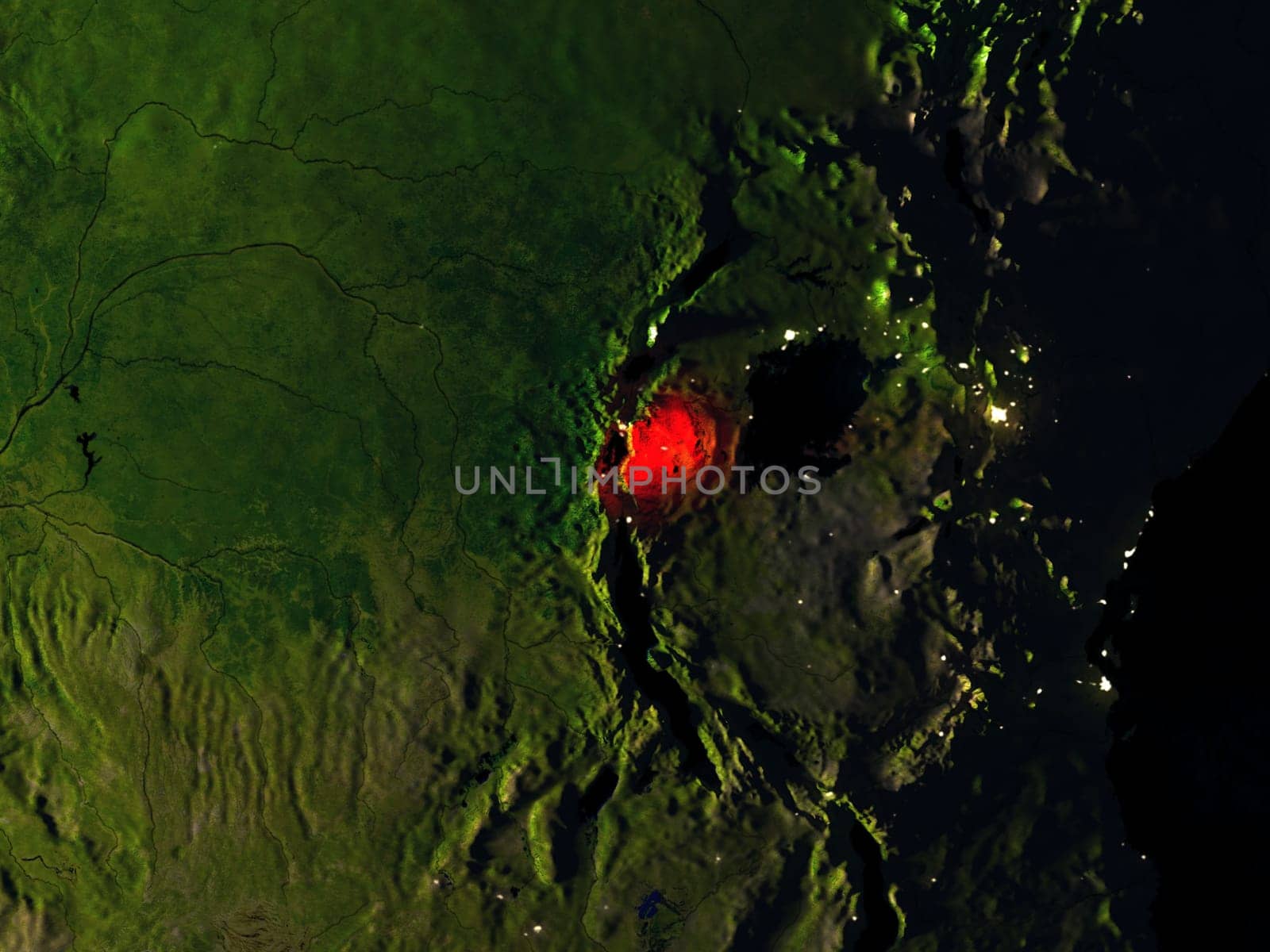Rwanda in red at night as seen from Earth's orbit in space. 3D illustration with highly detailed realistic planet surface. Elements of this image furnished by NASA.