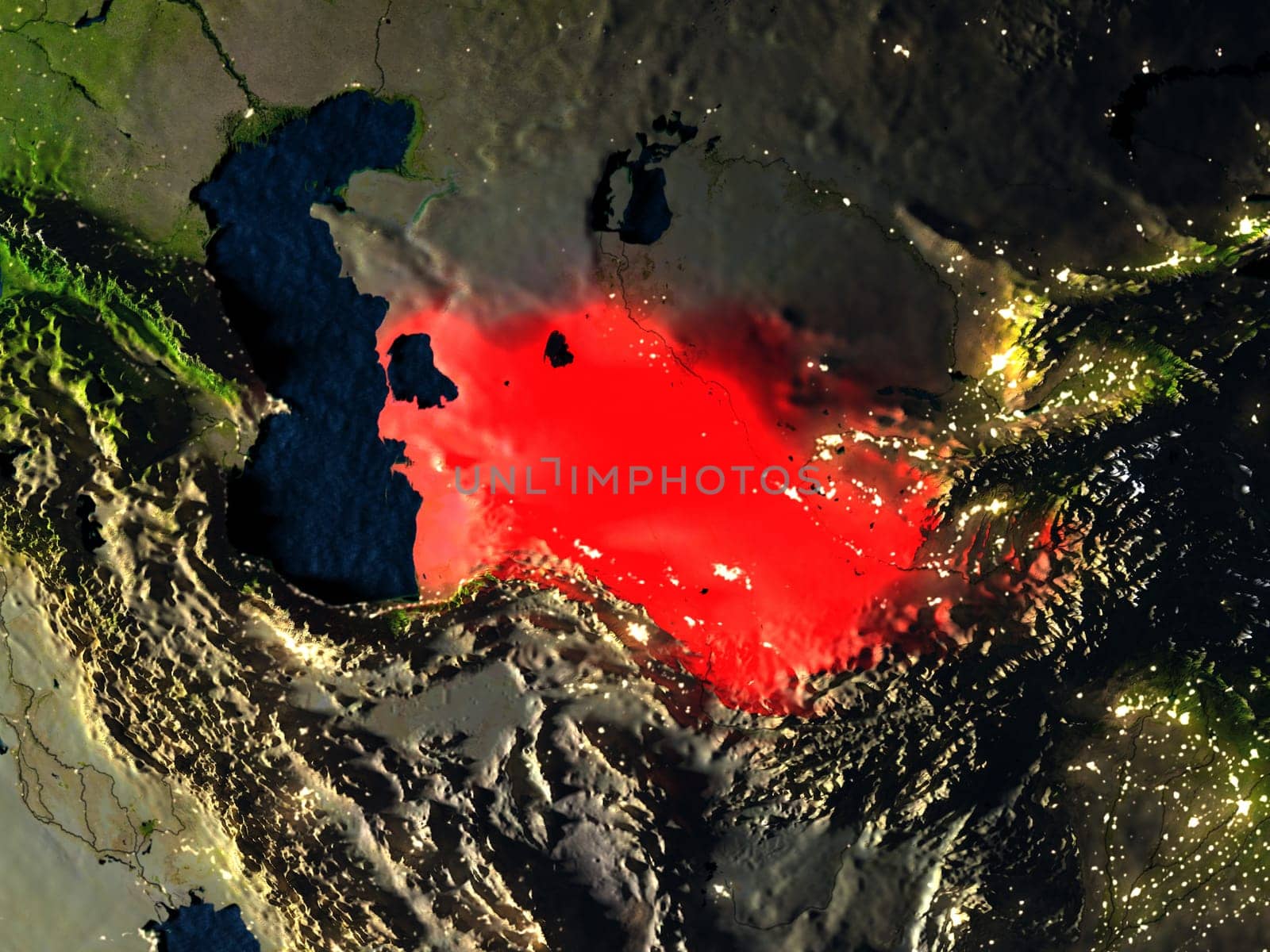 Turkmenistan in red at night as seen from Earth's orbit in space. 3D illustration with highly detailed realistic planet surface. Elements of this image furnished by NASA.
