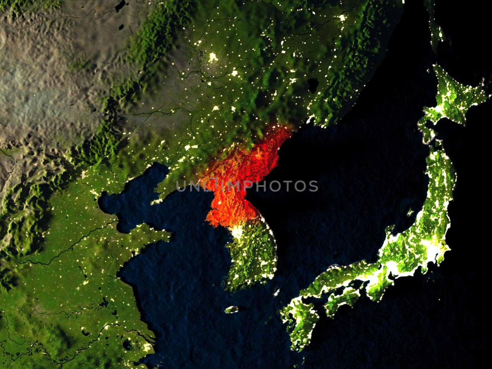 North Korea in red at night as seen from Earth's orbit in space. 3D illustration with highly detailed realistic planet surface. Elements of this image furnished by NASA.