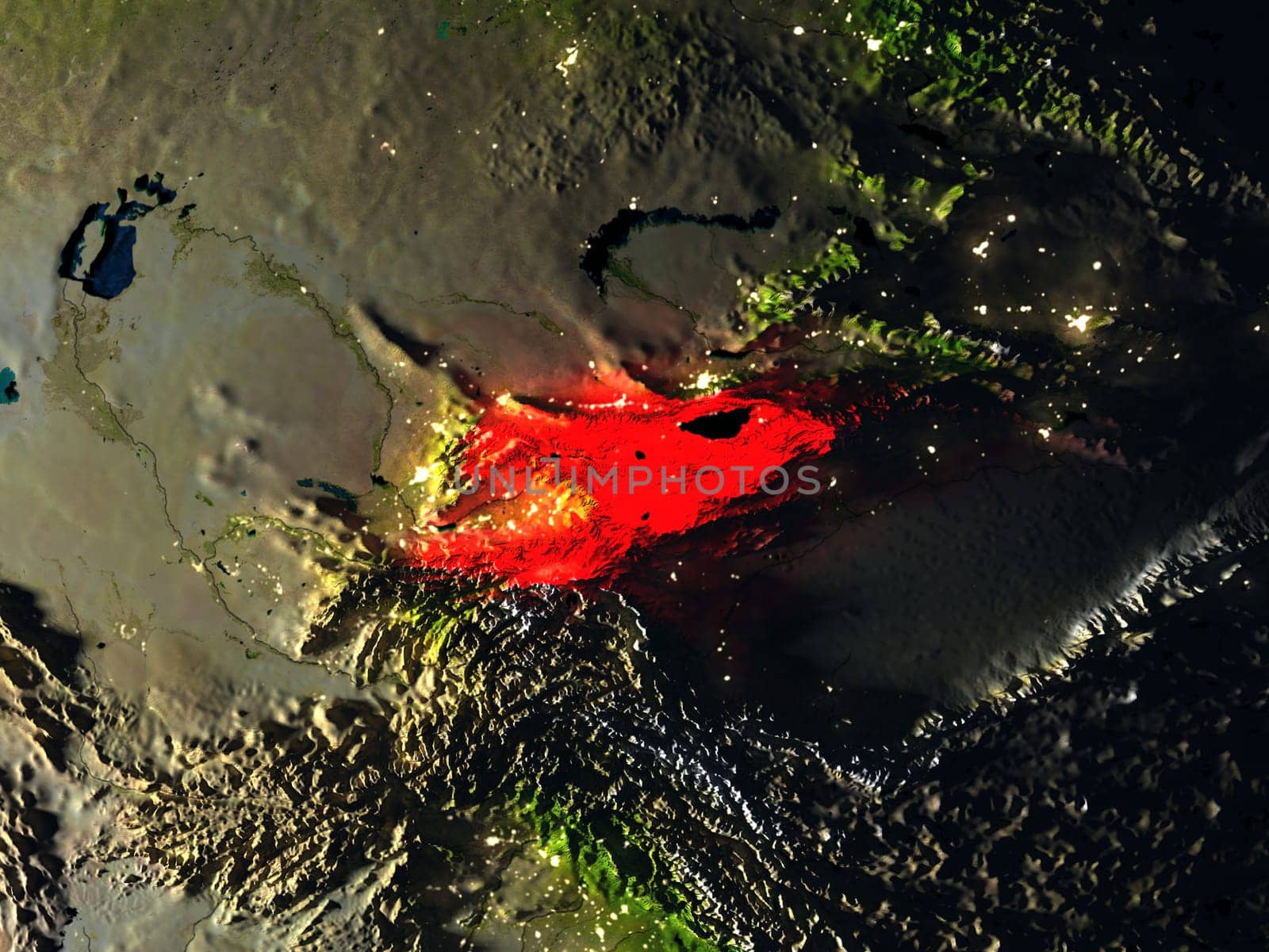 Kyrgyzstan in red at night as seen from Earth's orbit in space. 3D illustration with highly detailed realistic planet surface. Elements of this image furnished by NASA.