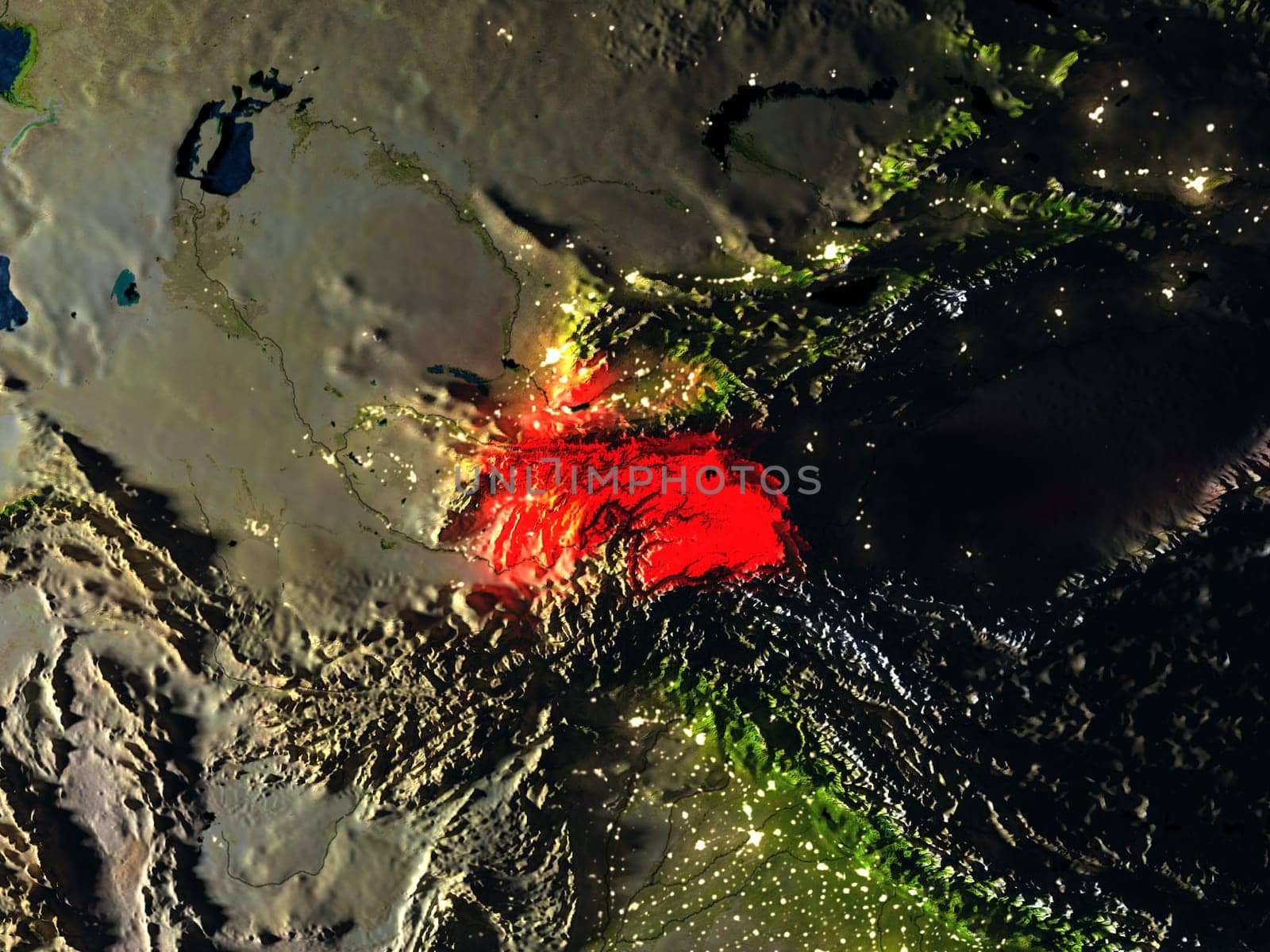 Tajikistan in red at night as seen from Earth's orbit in space. 3D illustration with highly detailed realistic planet surface. Elements of this image furnished by NASA.