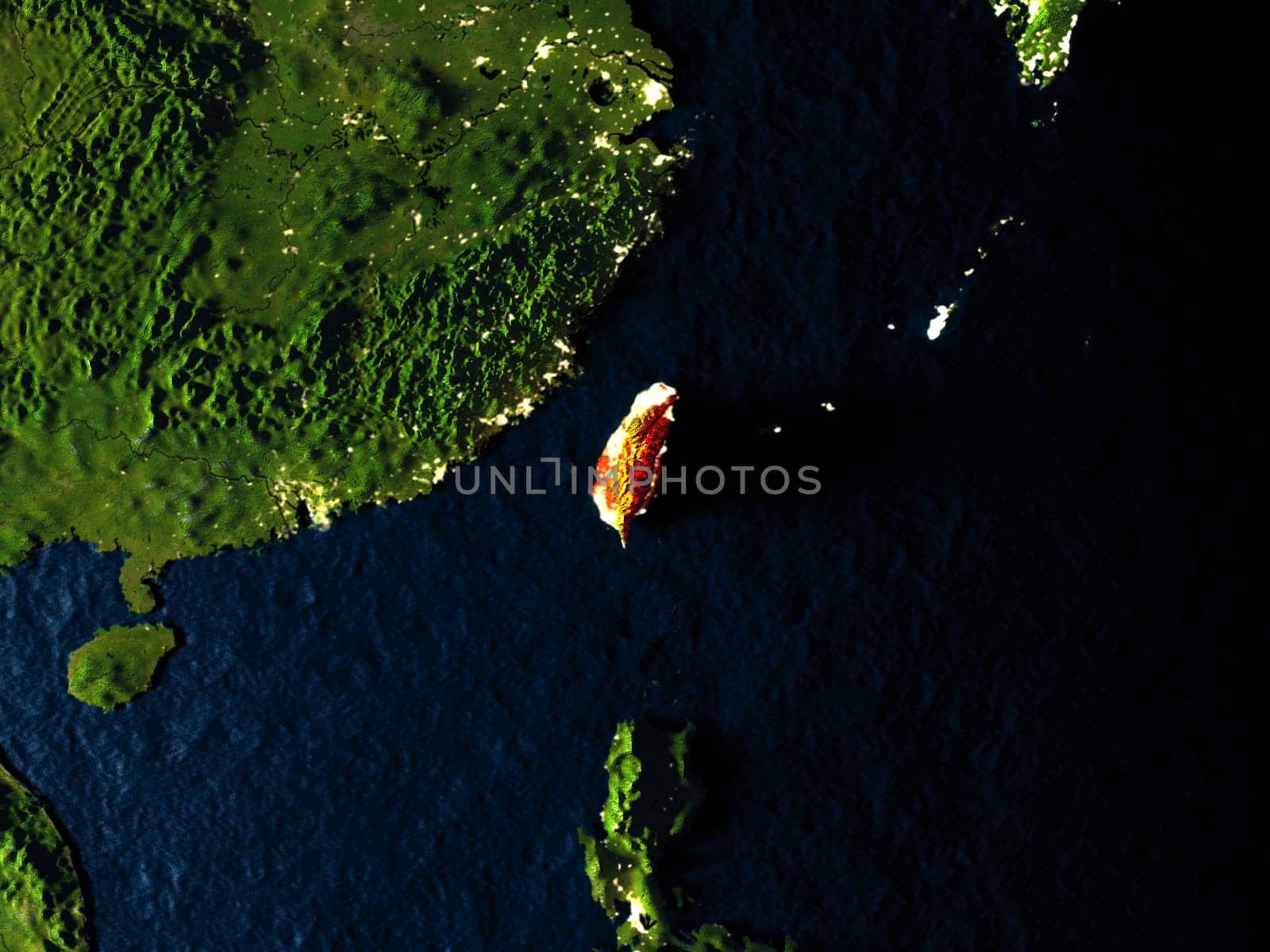 Taiwan in red at night as seen from Earth's orbit in space. 3D illustration with highly detailed realistic planet surface. Elements of this image furnished by NASA.