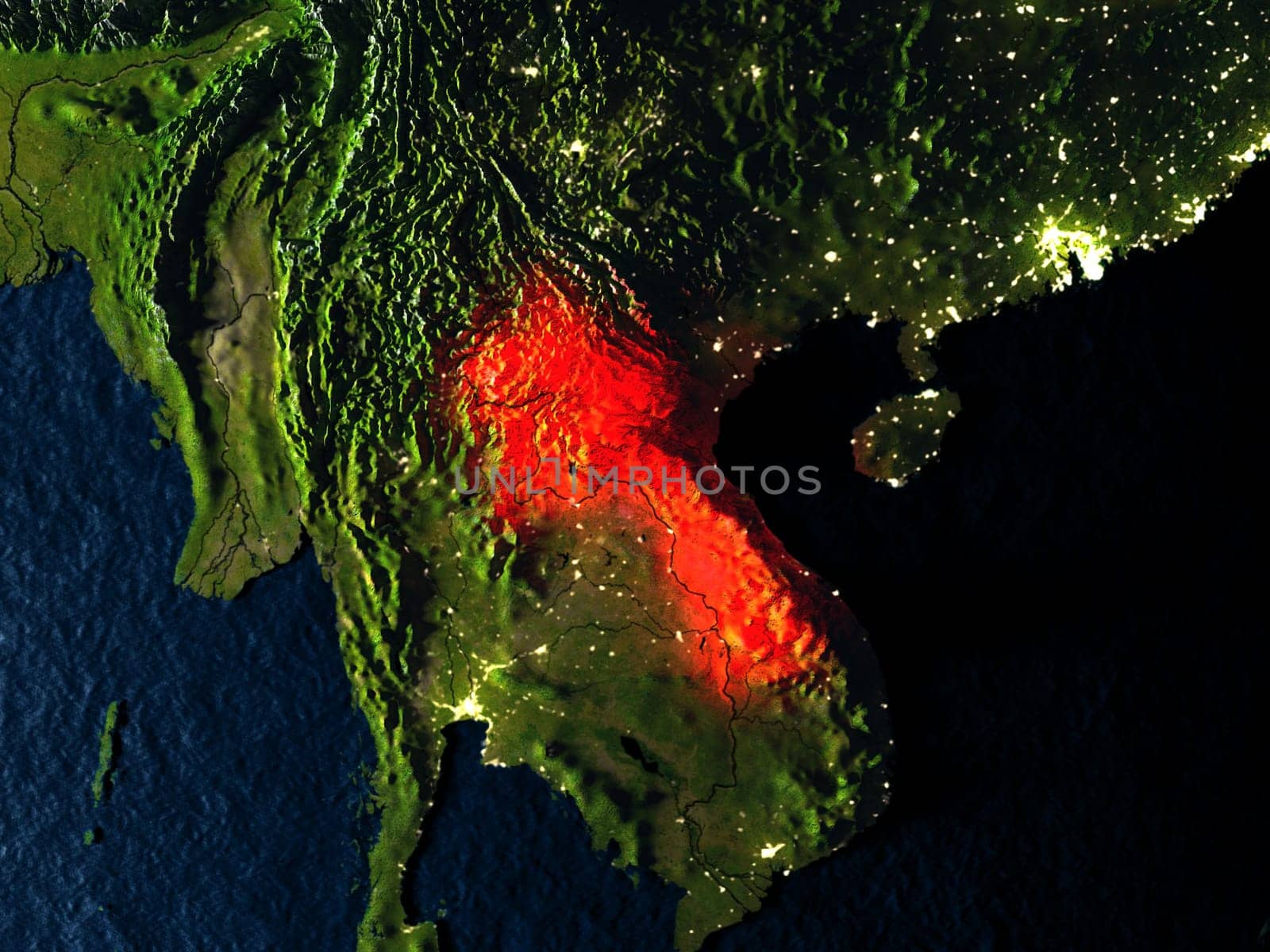 Laos in red at night as seen from Earth's orbit in space. 3D illustration with highly detailed realistic planet surface. Elements of this image furnished by NASA.